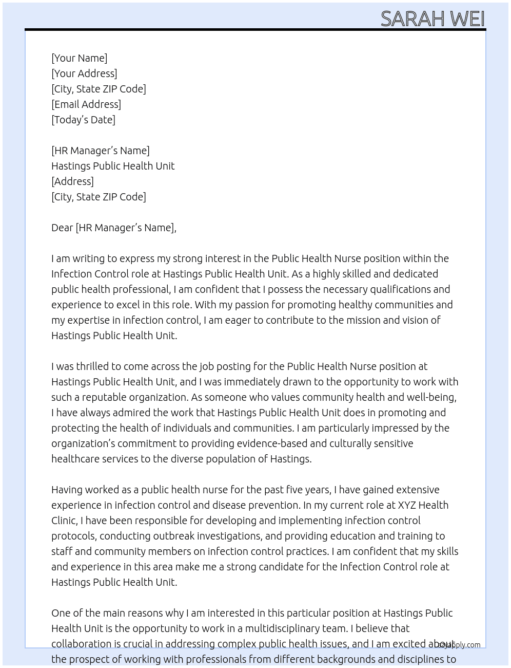Public health nurse At Hastings public health unit Cover Letter