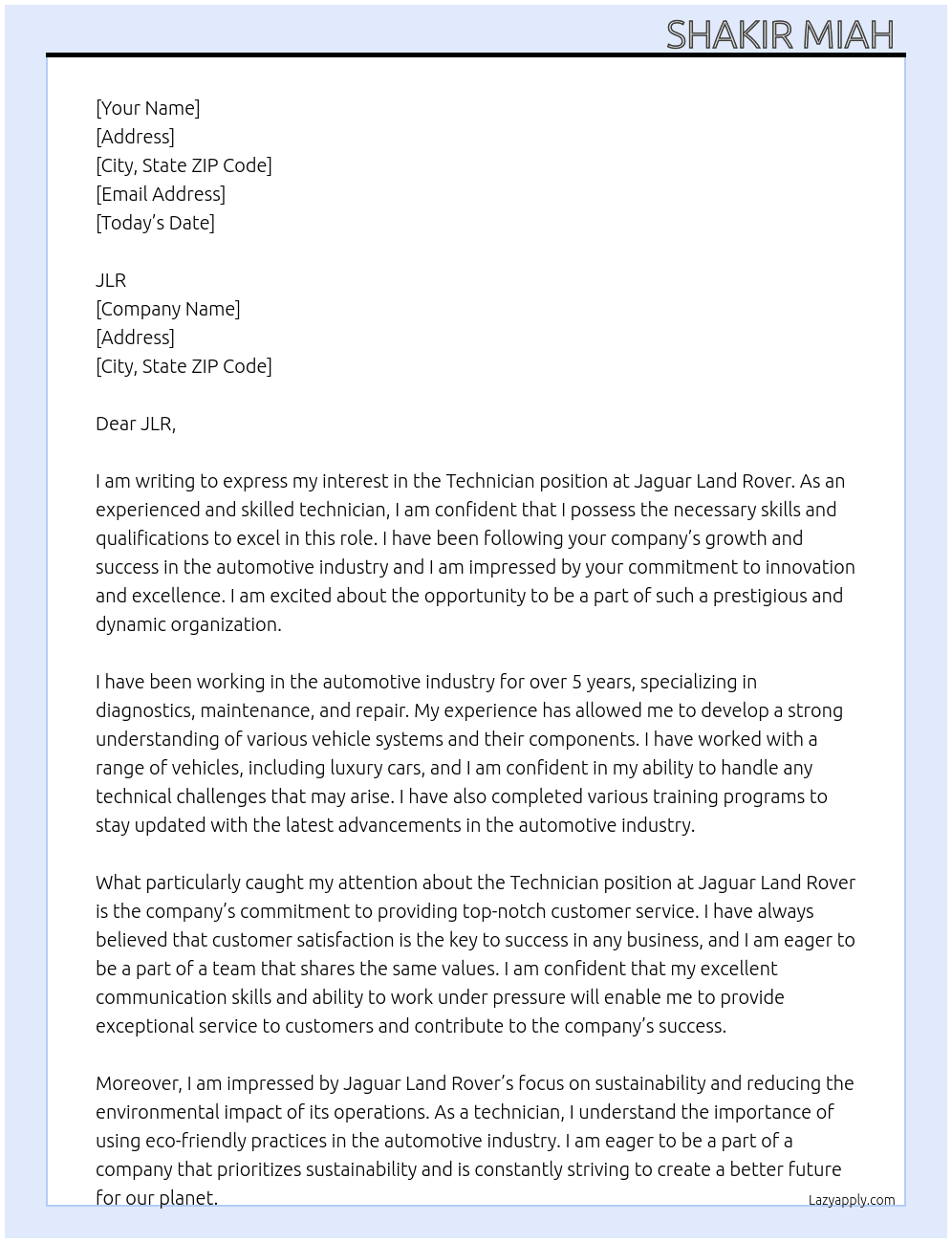 Technician  At Jaguar land rover  Cover Letter