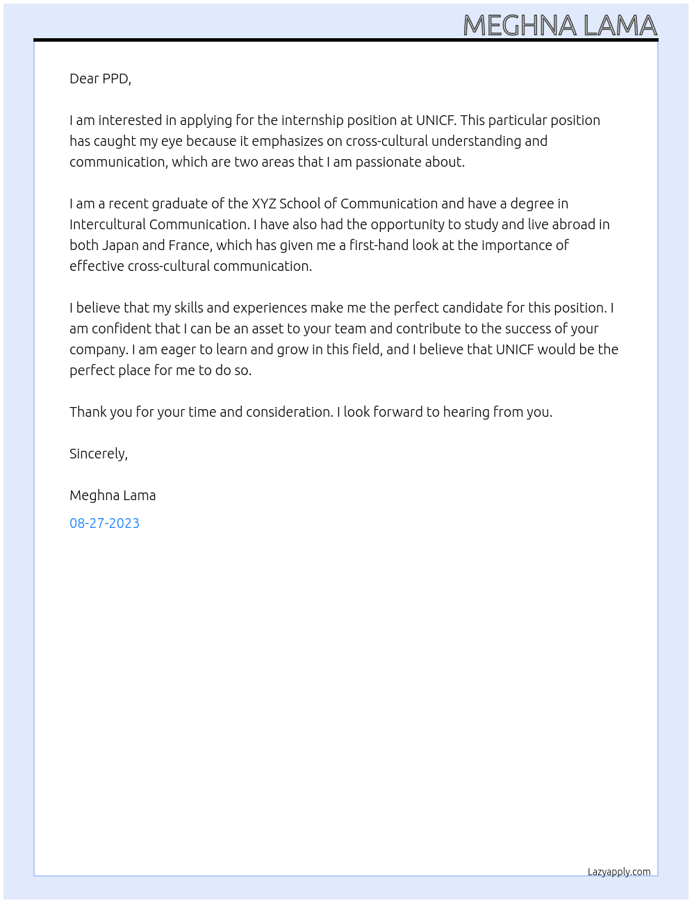 internship At UNICF Cover Letter