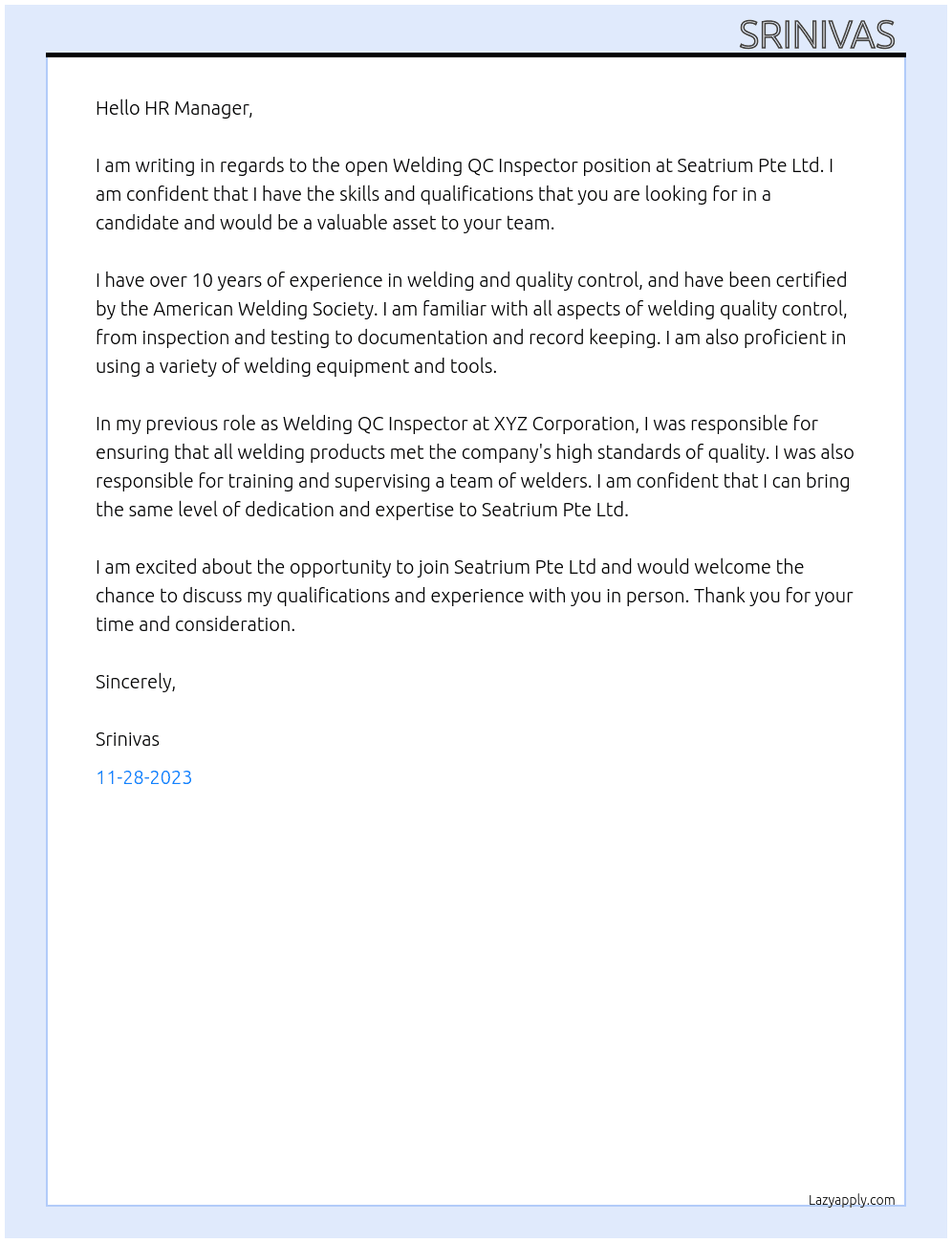 Welding QC Inspector At Seatrium Pte Ltd Cover Letter