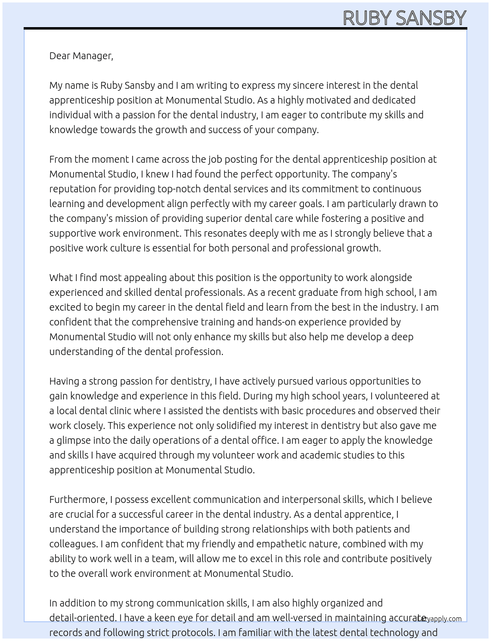 dental apprenticeship  At monumental studio  Cover Letter