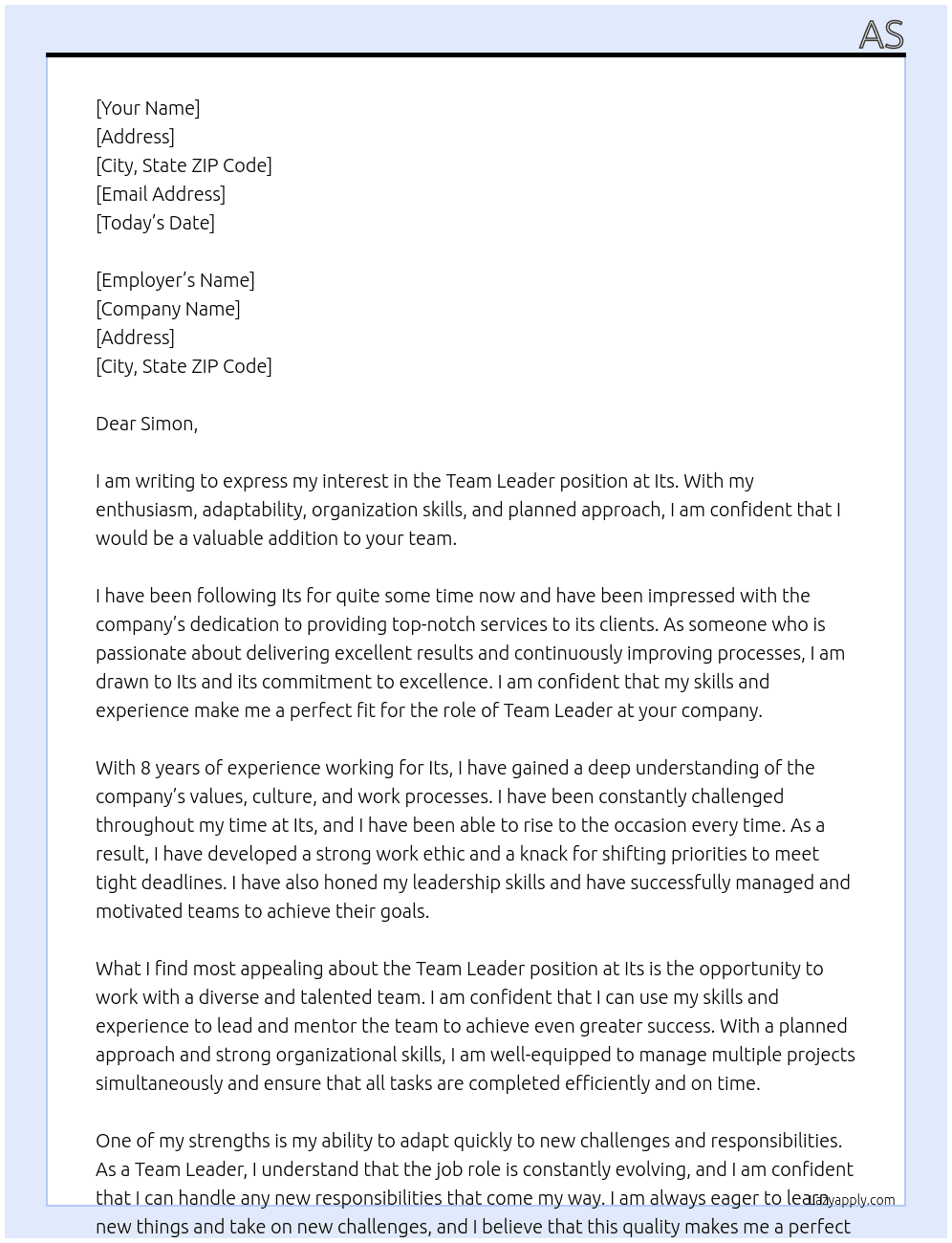 Team leader At Its  Cover Letter