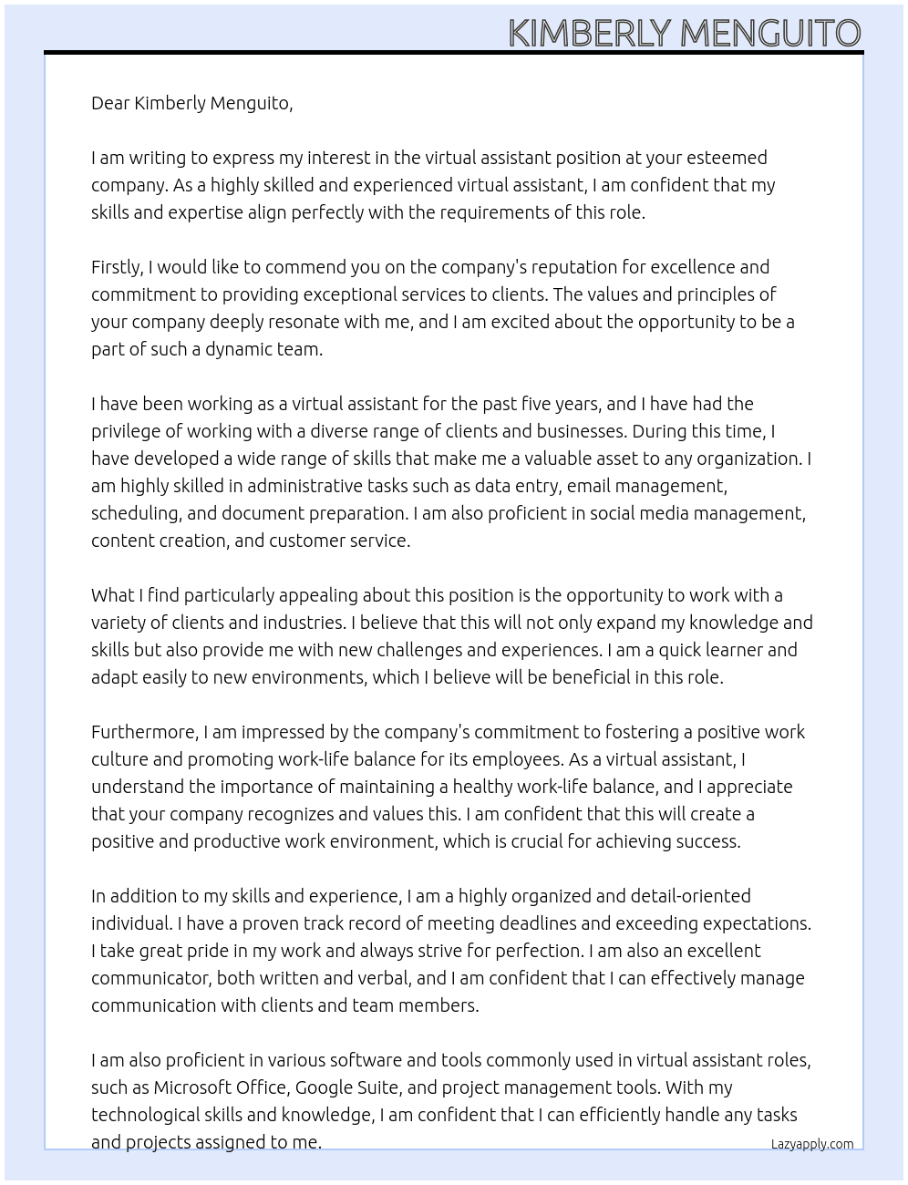 virtual assitant At Kimberly Menguito Cover Letter