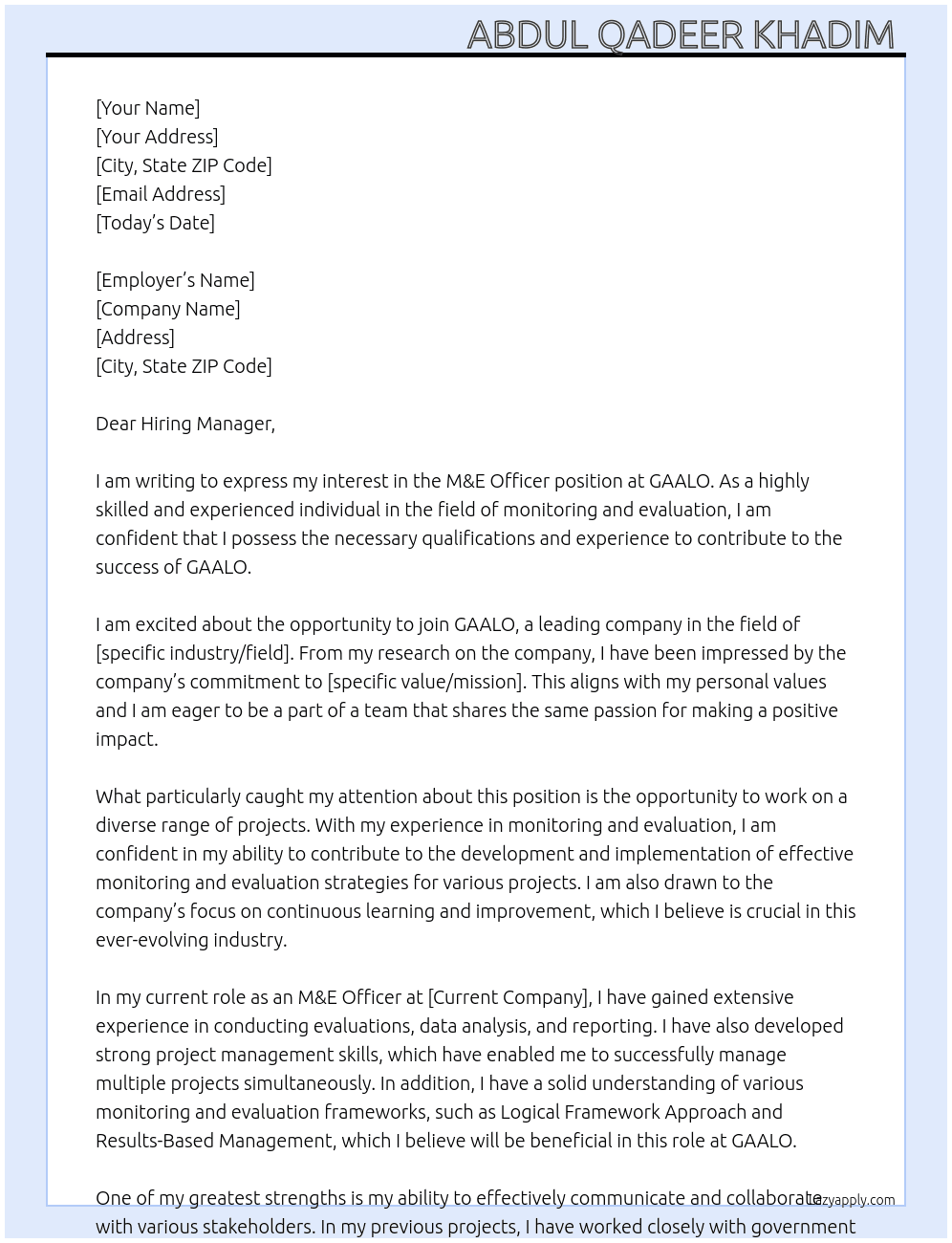 M&E officer  At GAALO Cover Letter