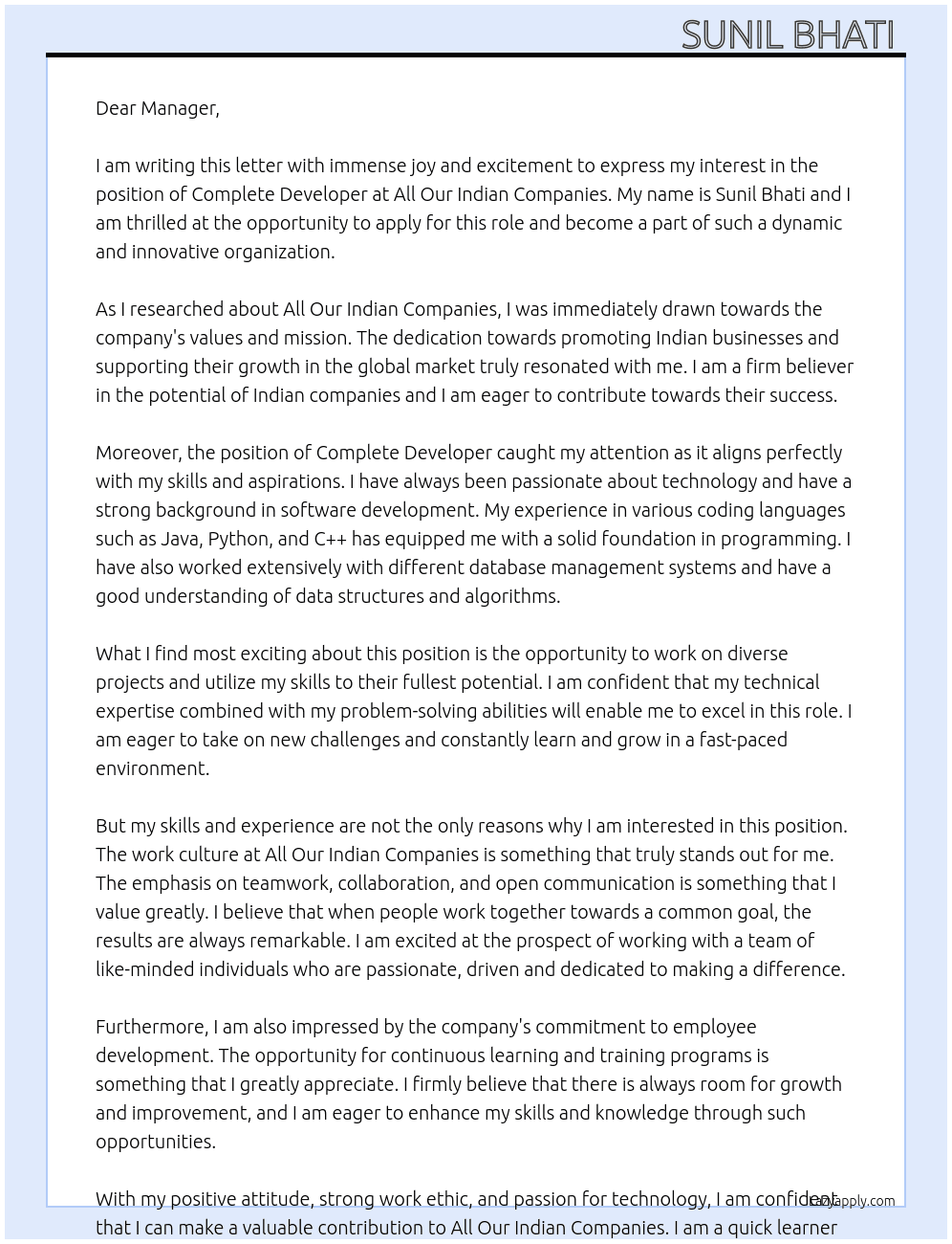 Complete devloped  At All our indian companies  Cover Letter