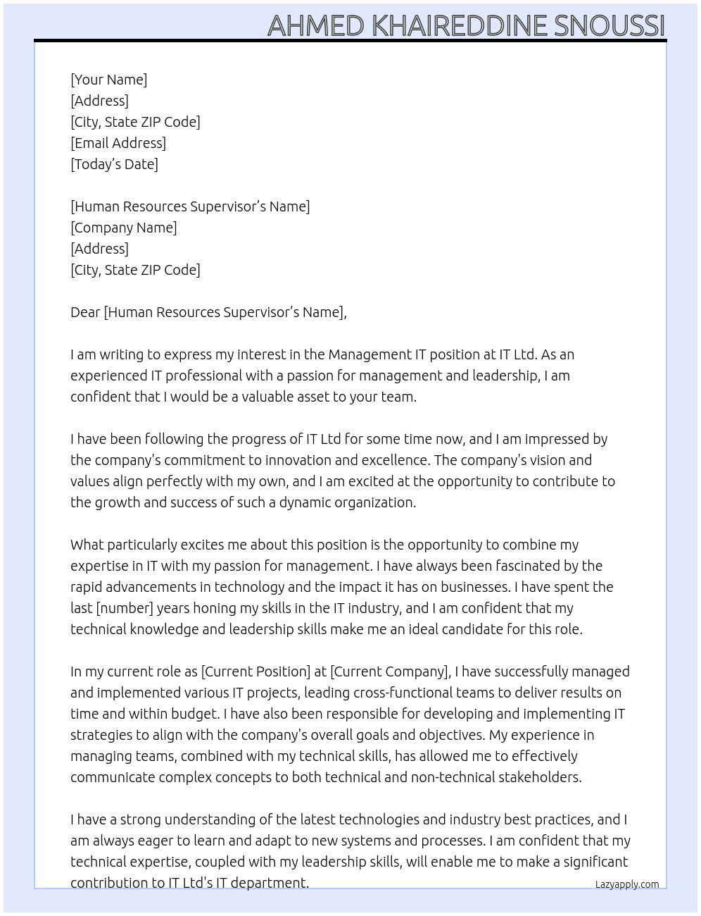 management IT At IT Ltd Cover Letter