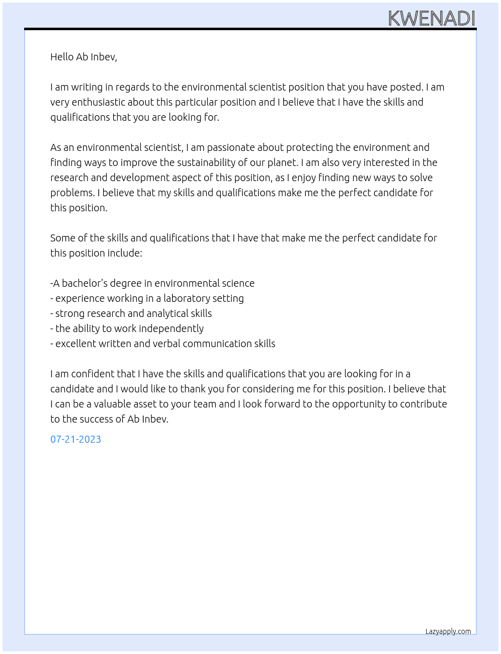 environmental scientist At Ab Inbev Cover Letter