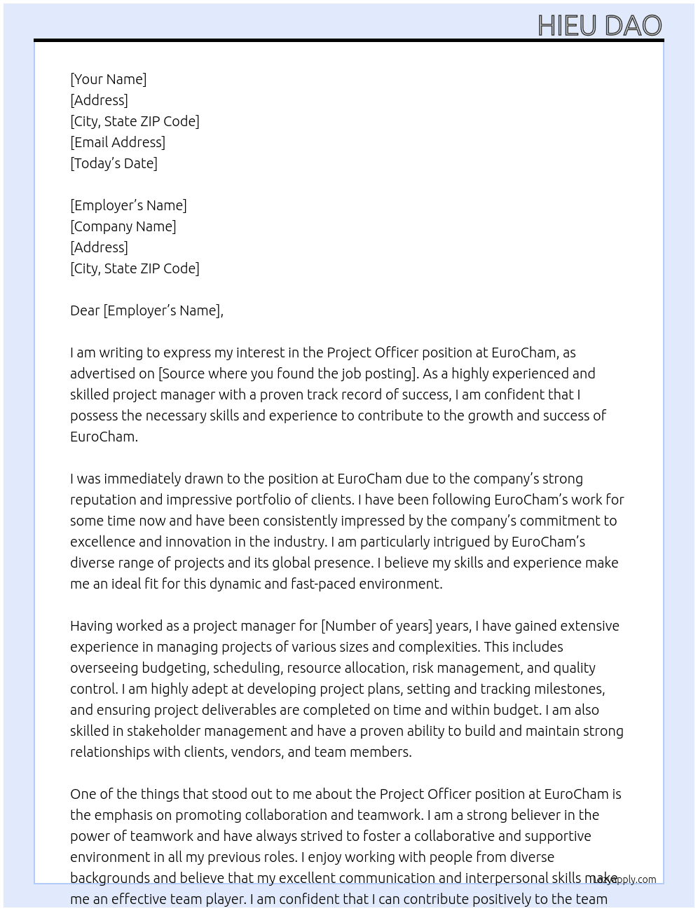 Project officer At EuroCham Cover Letter
