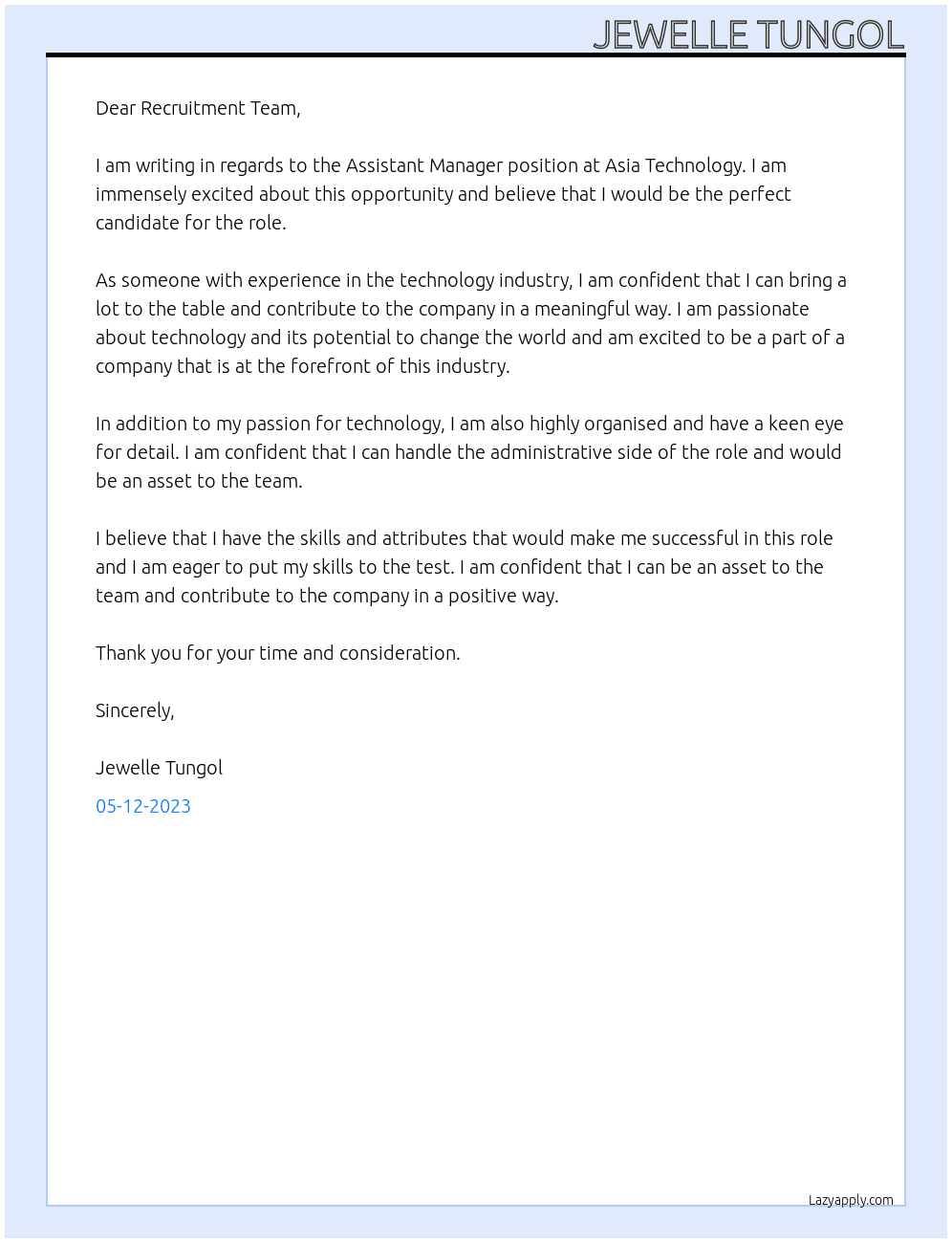 Assistant Manager At Asia Technology Cover Letter