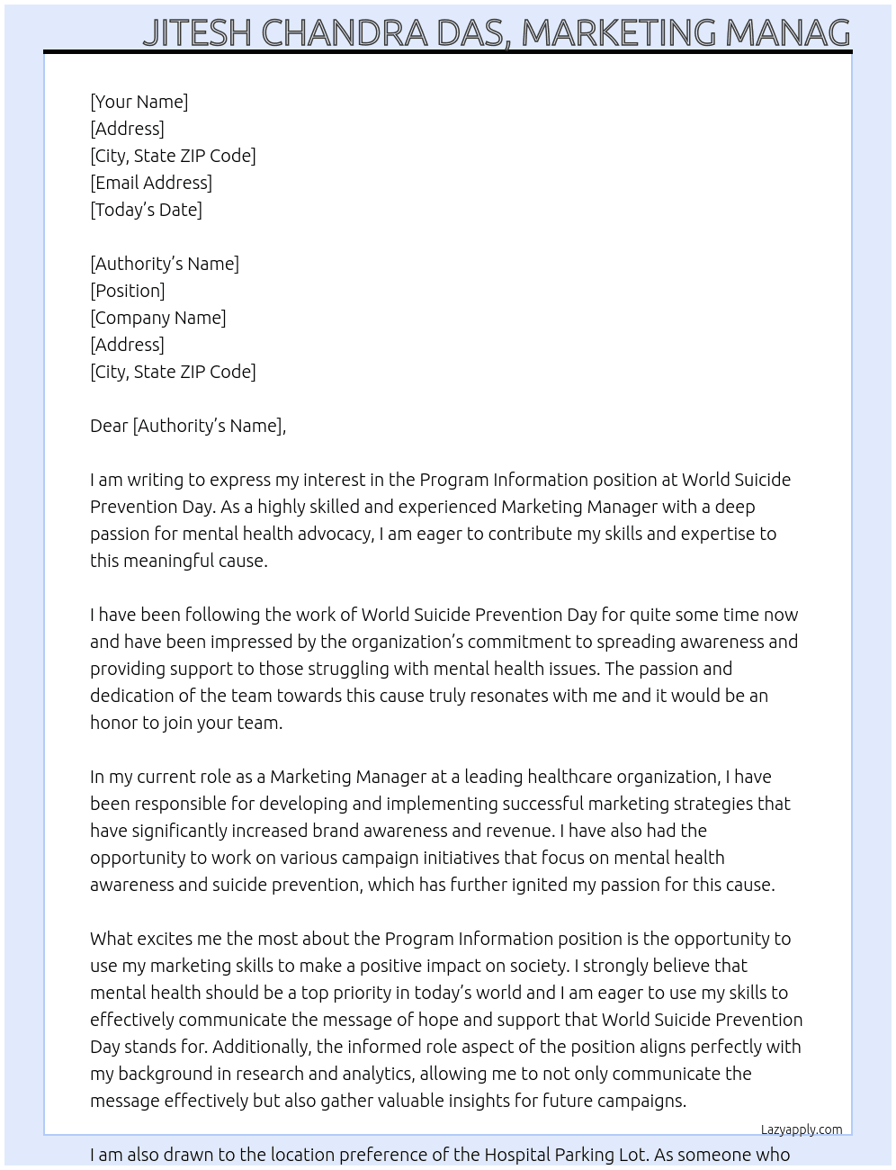 Program Information At World suicide prevention day Cover Letter
