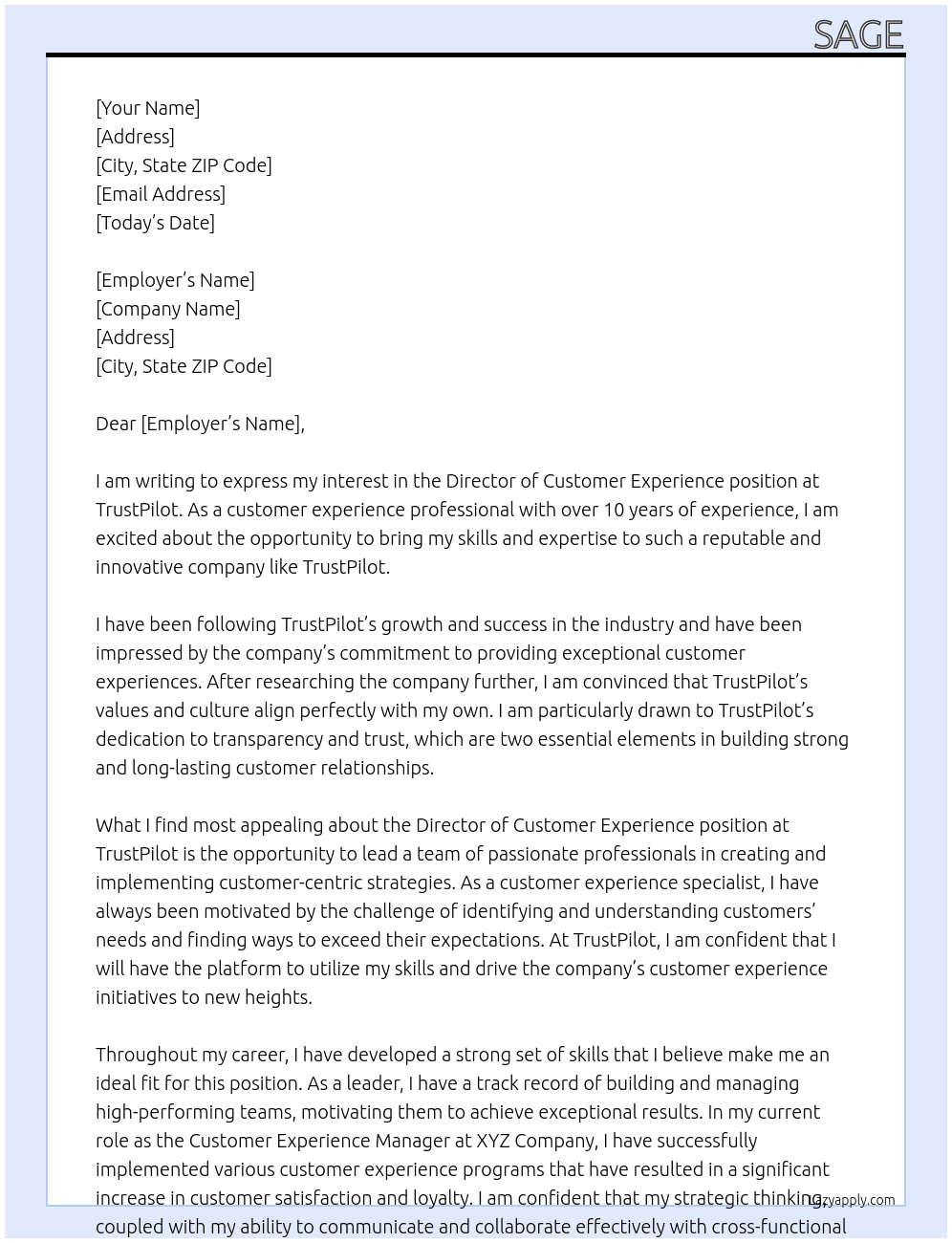 Director of Customer Experience At TrustPilot Cover Letter