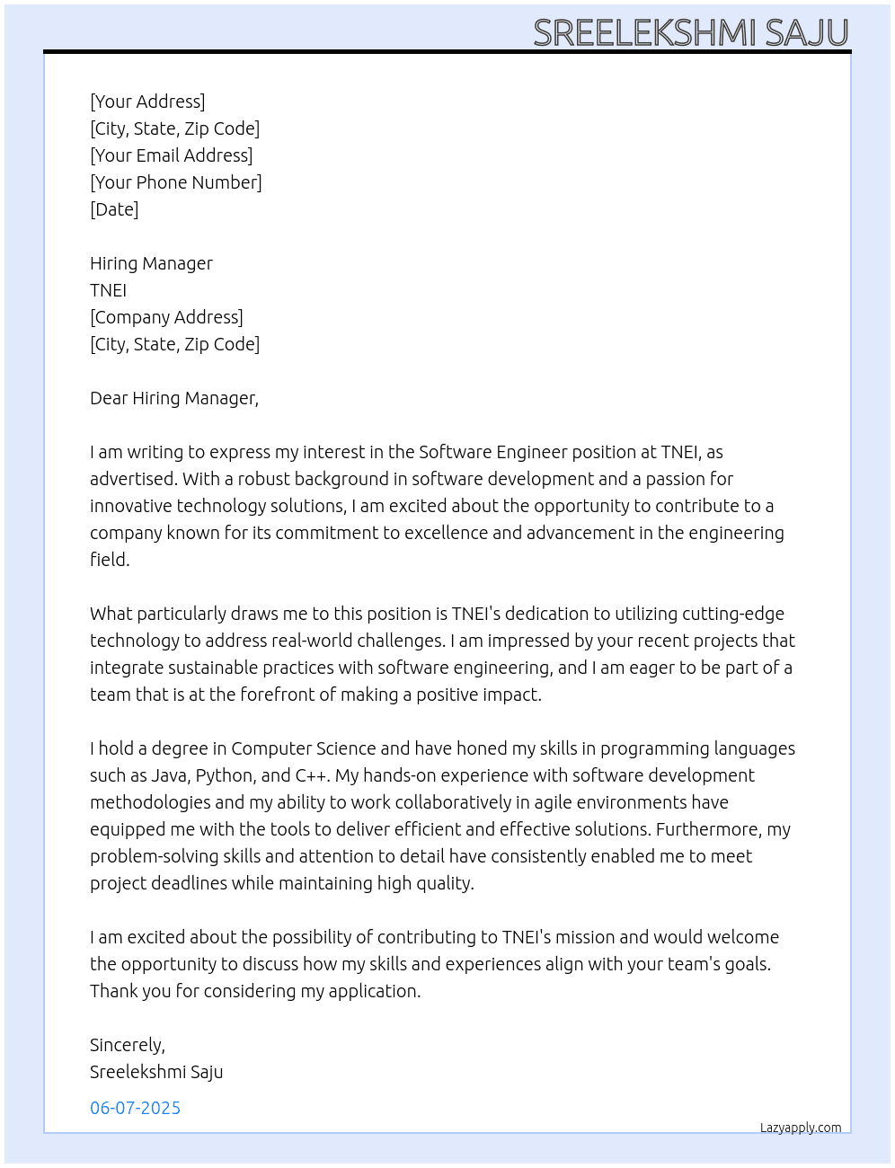 Software Engineer  At TNEI Cover Letter