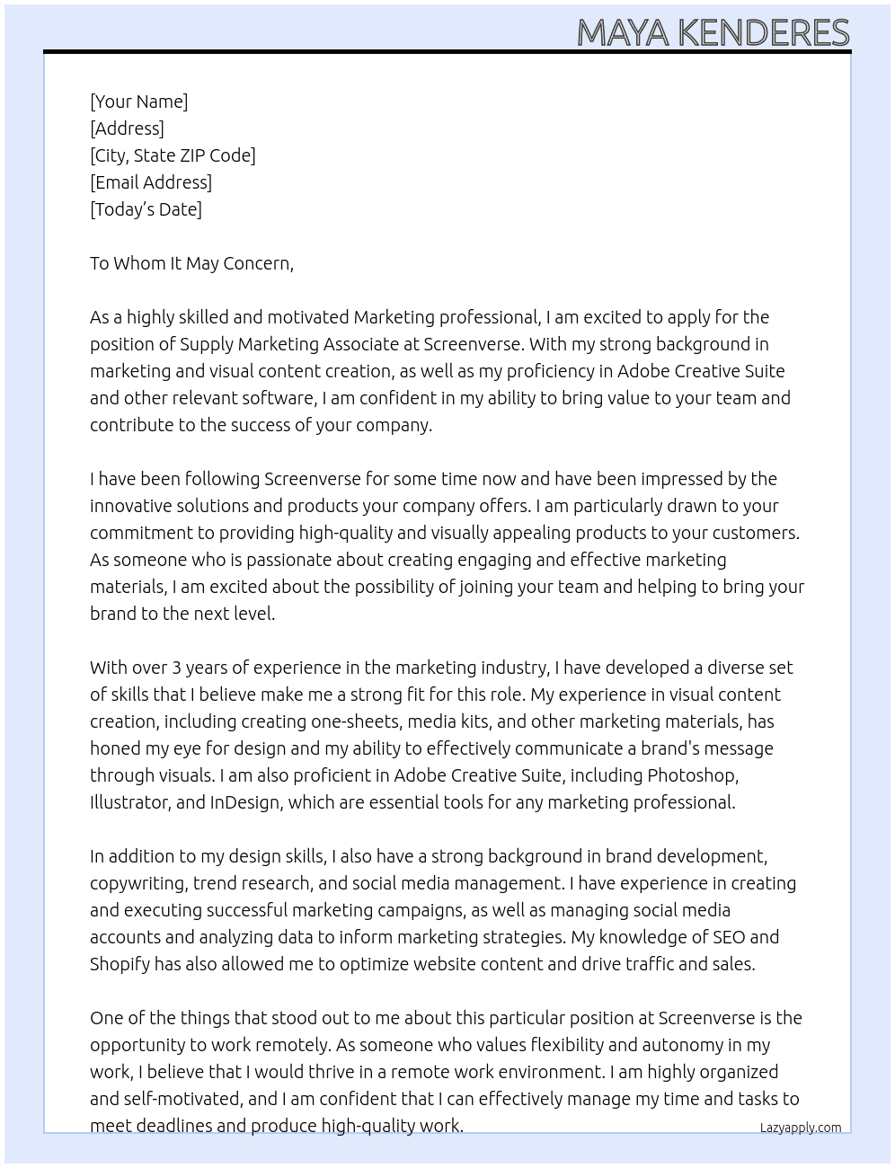 Supply Marketing Associate At Screenverse Cover Letter