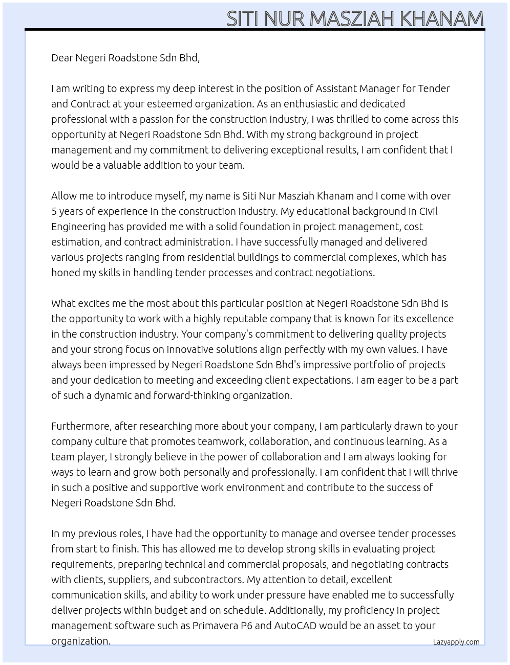 ASSISTANT MANAGER - TENDER AND CONTRACT At  Negeri Roadstone Sdn Bhd Cover Letter