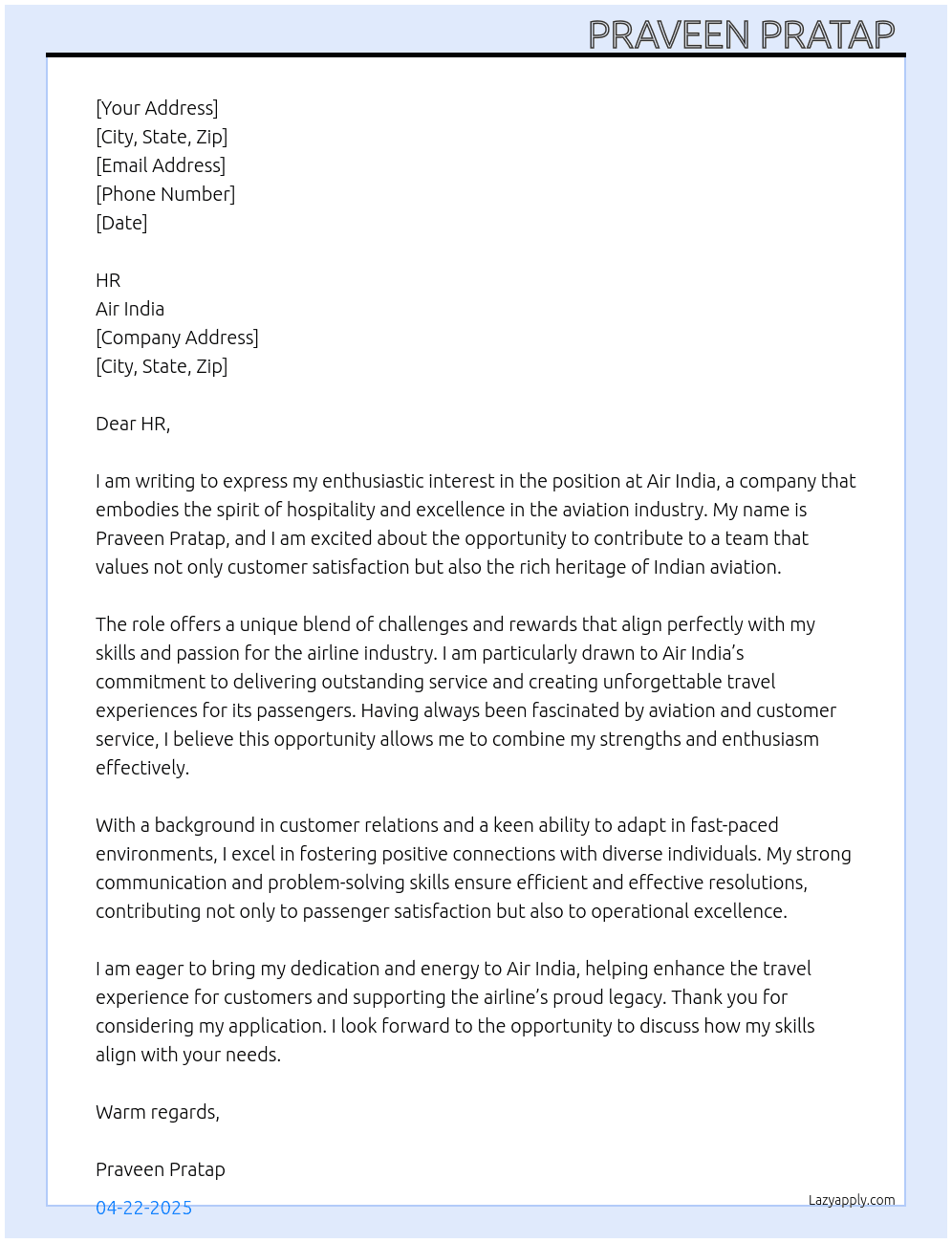 Airlines  At Air india  Cover Letter