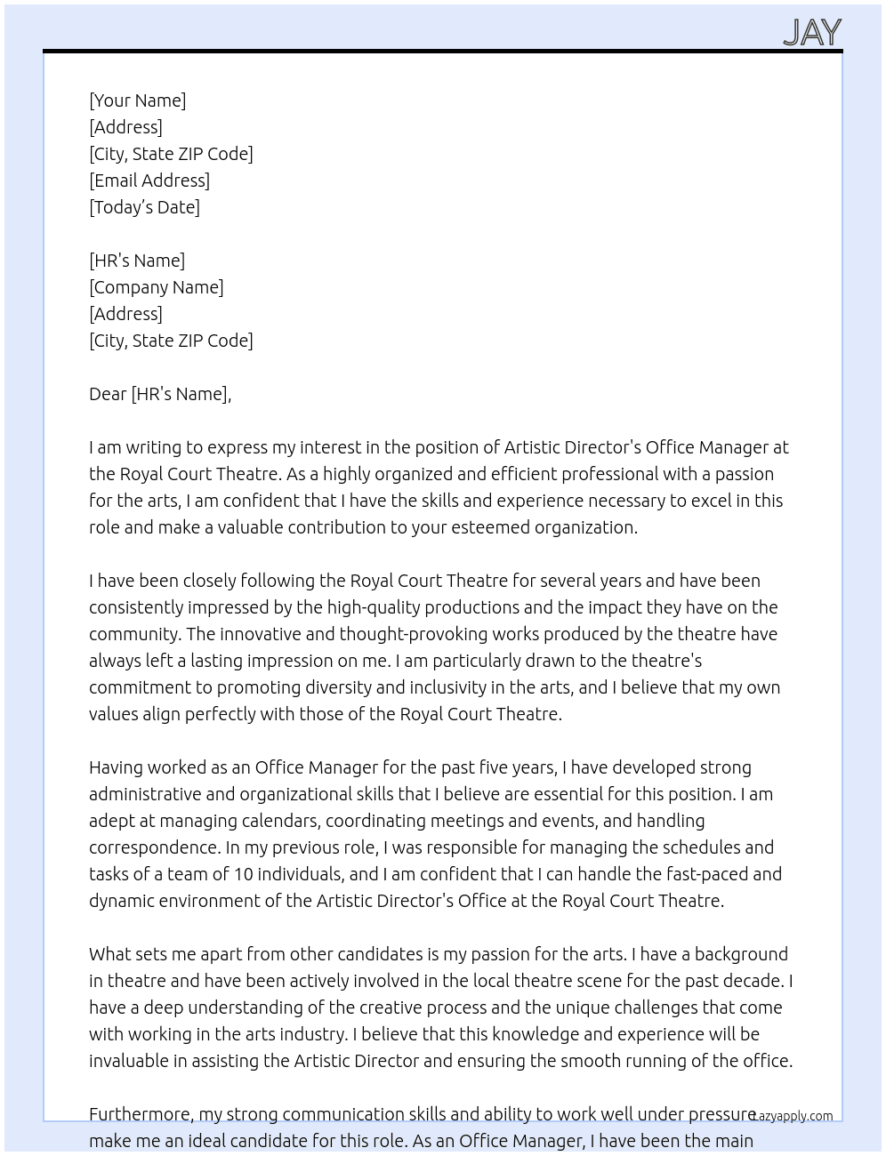 Artistic Director's Office Manager At royal court theatre Cover Letter