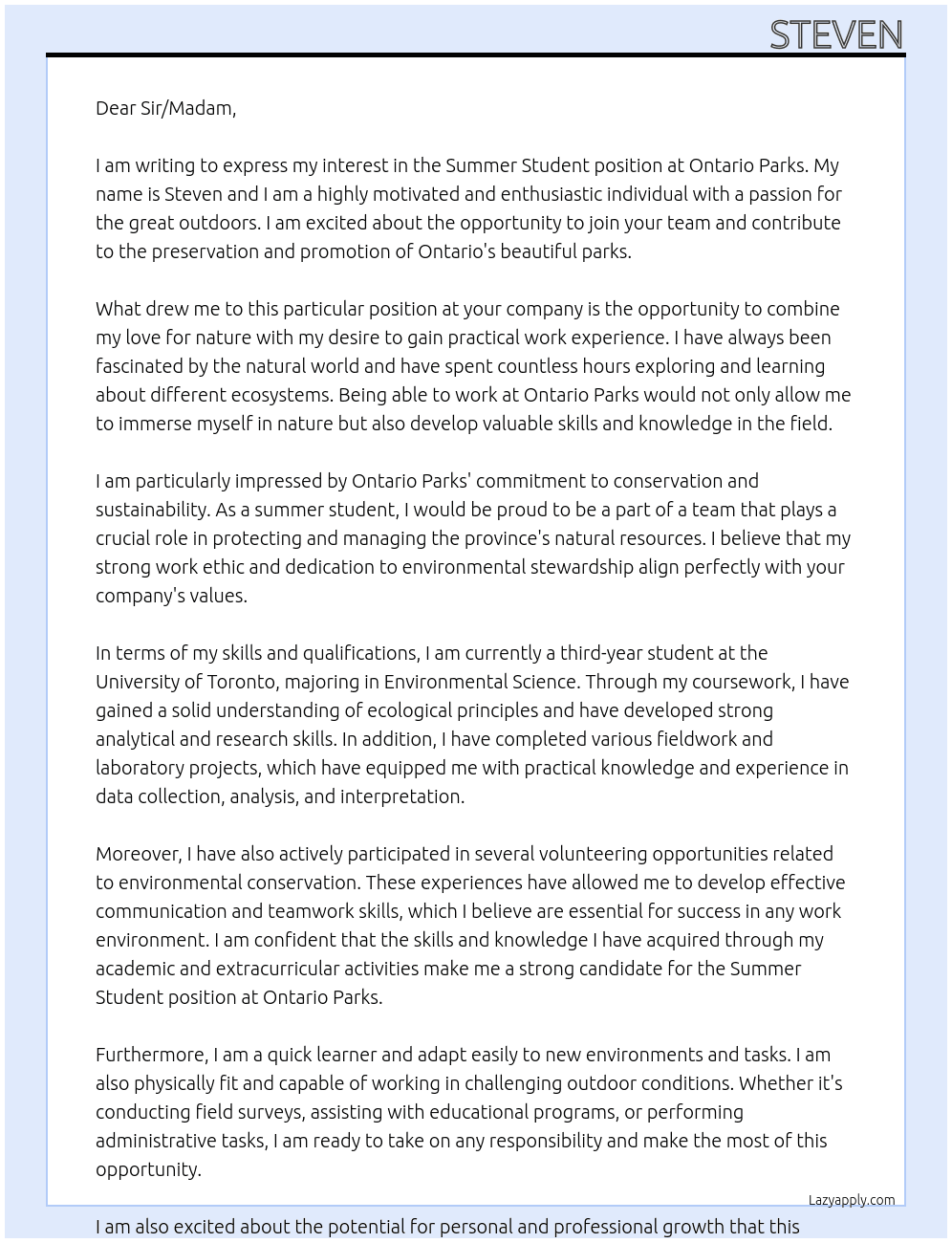 summer student position At Ontario Parks Cover Letter