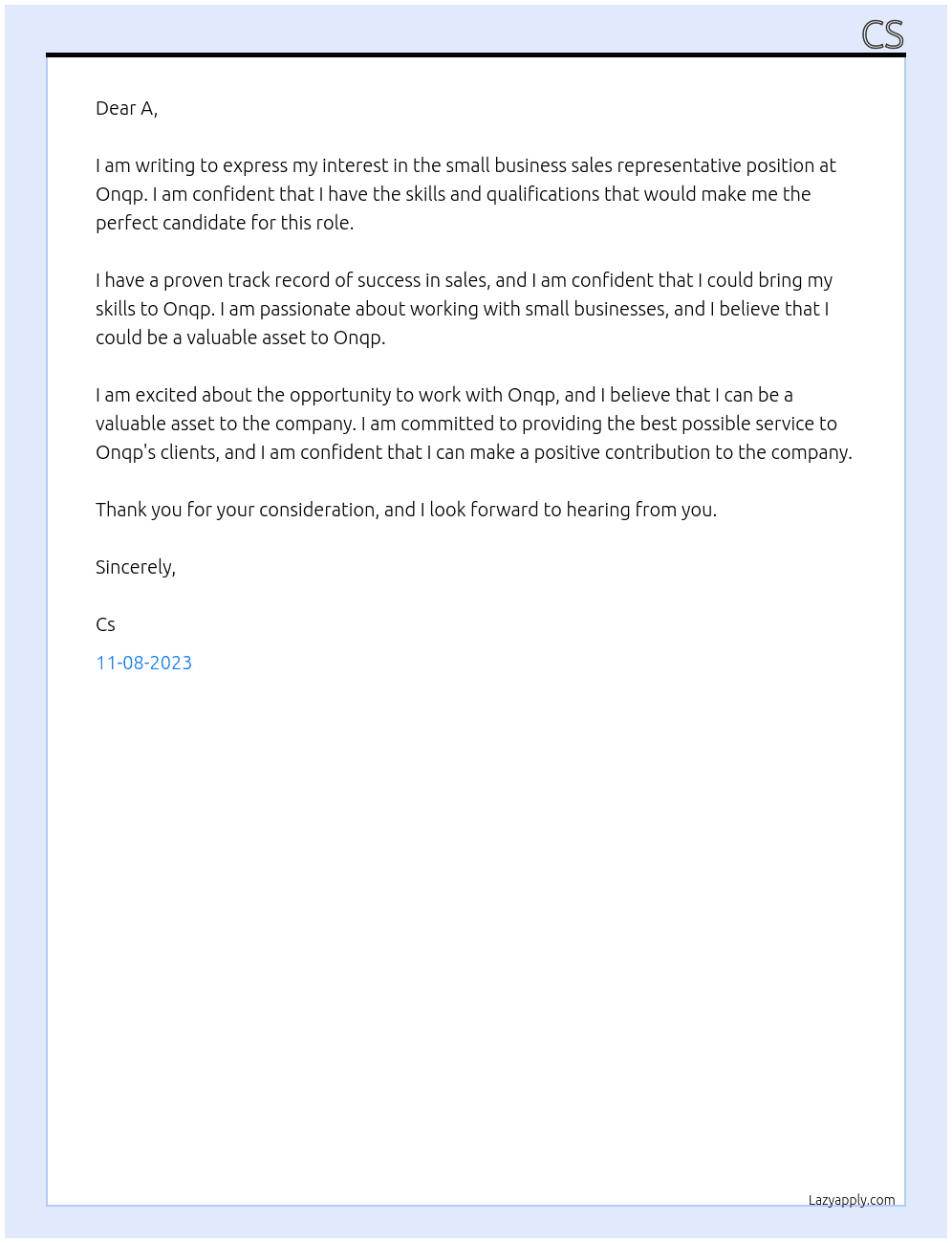 Small business sales representative  At Onqp Cover Letter