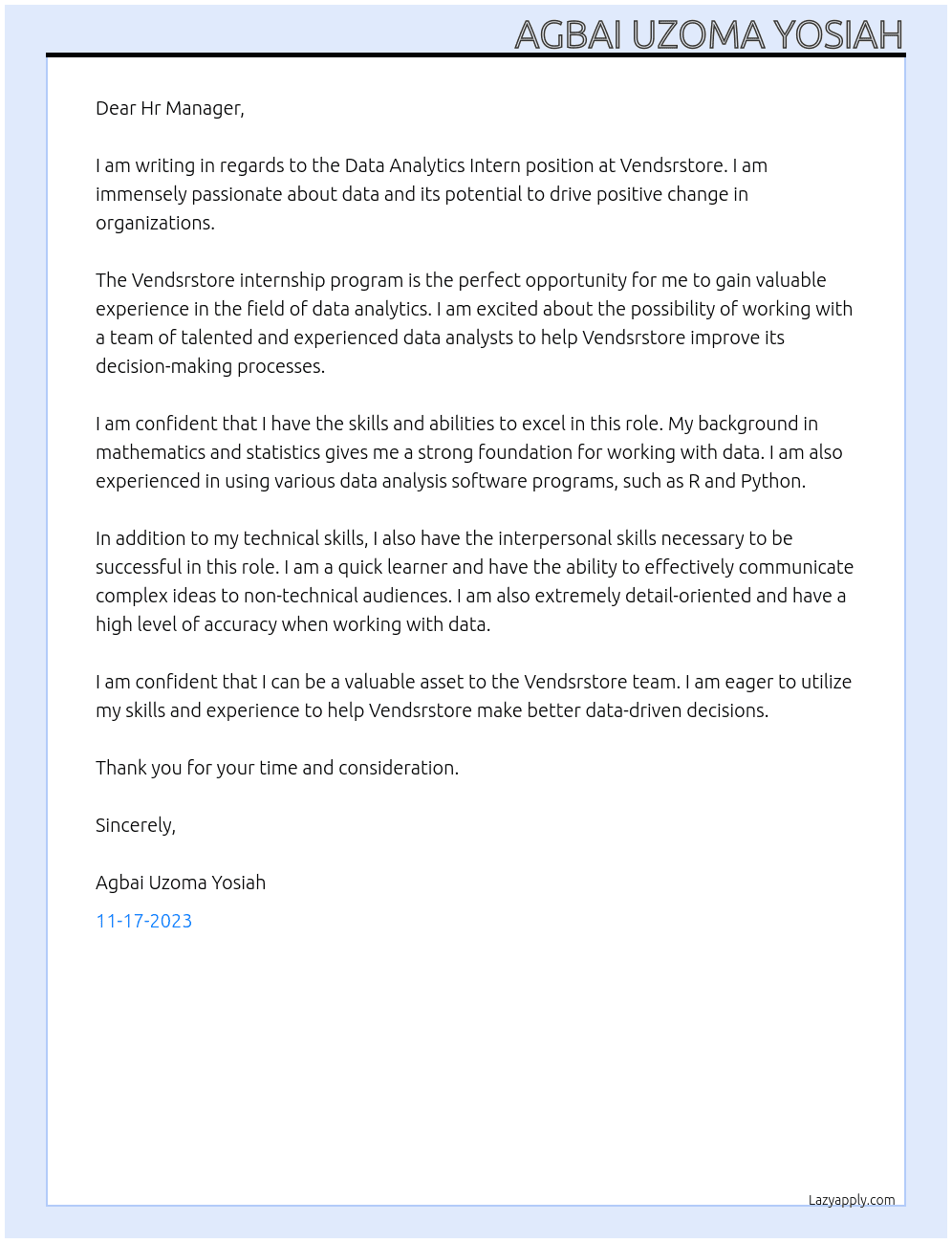 Data Analytics Intern At Vendsrstore Cover Letter