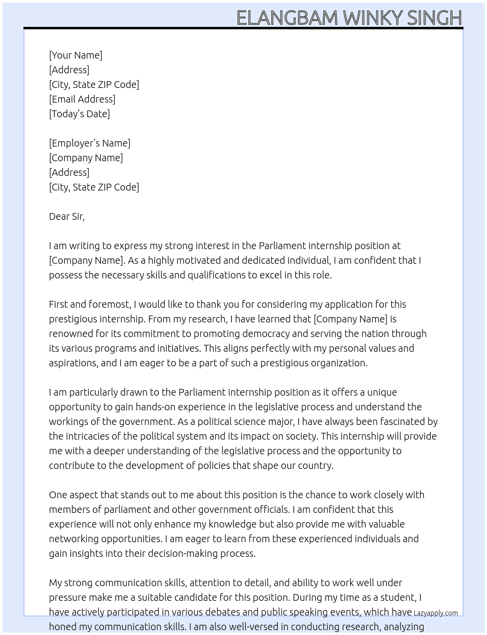 Parliament internship At Parliament internship Cover Letter
