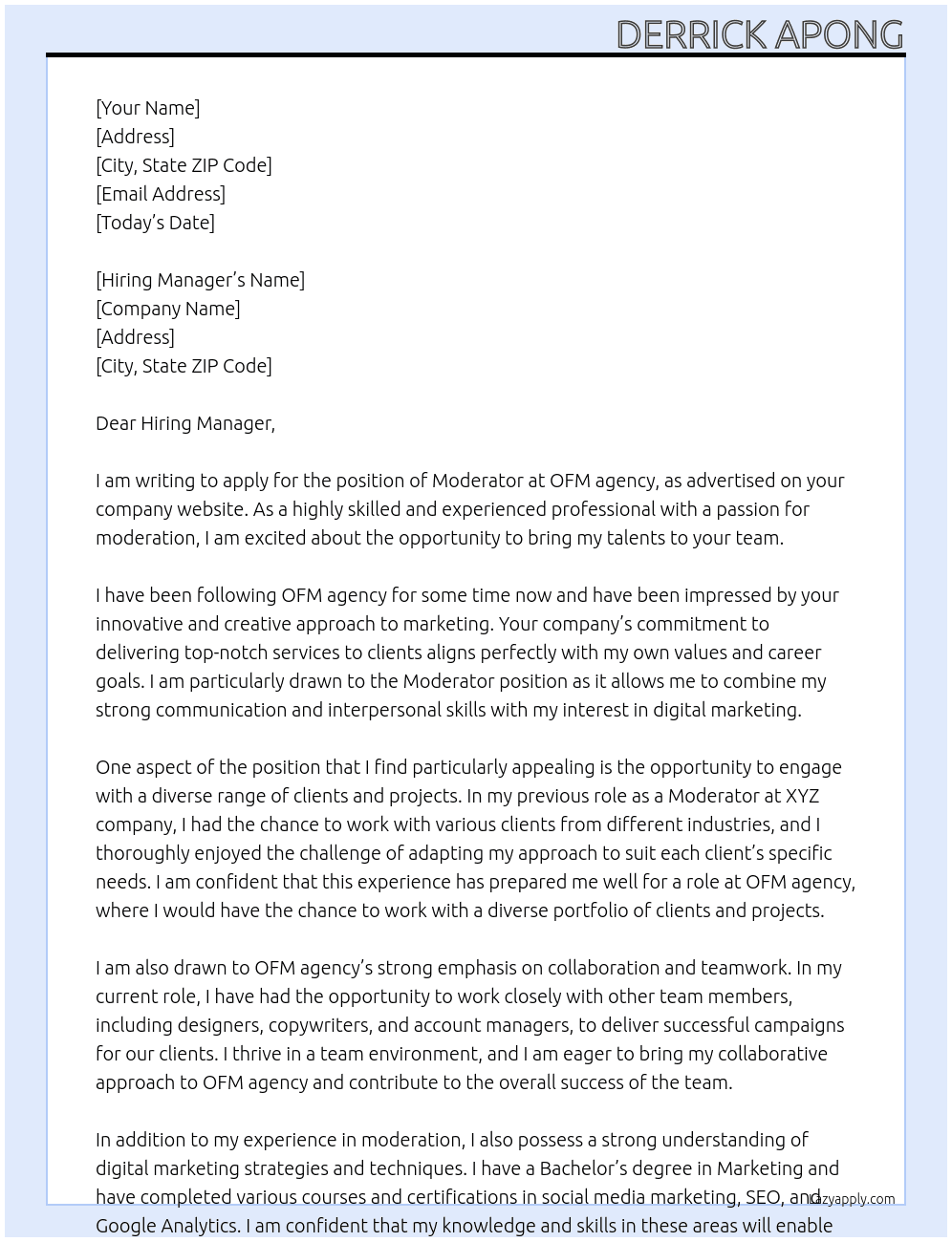 Moderator At OFM agency Cover Letter