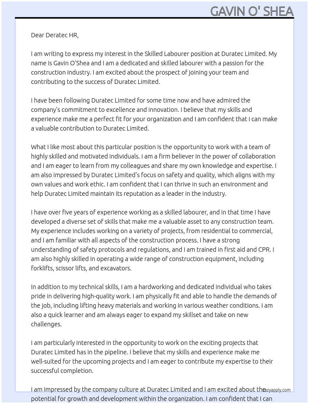Skilled Labourer At Duratec Limited Cover Letter