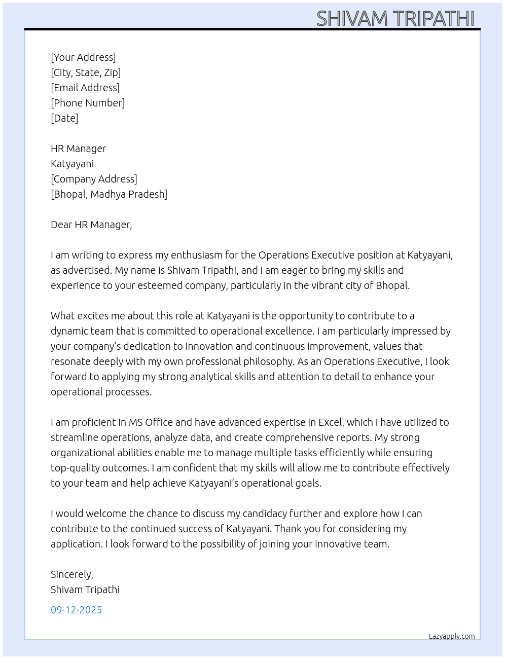 Operation executive  At Katyayani  Cover Letter