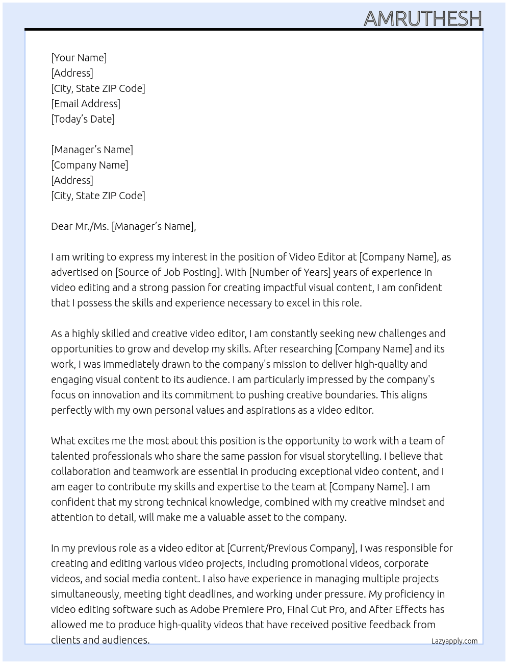 video editor At compeny Cover Letter