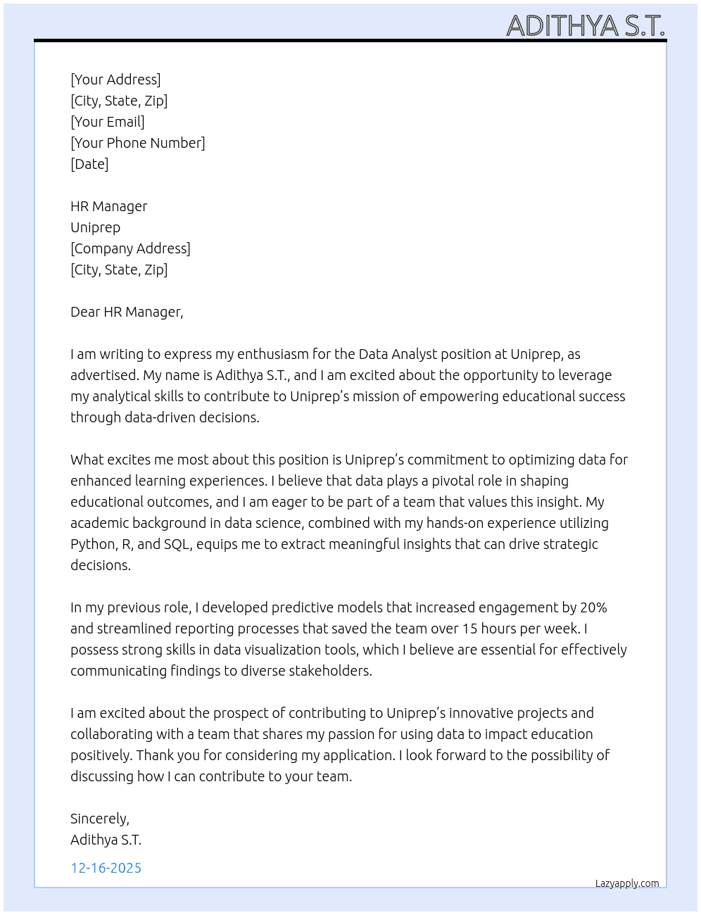 Data Analyst At Uniprep Cover Letter