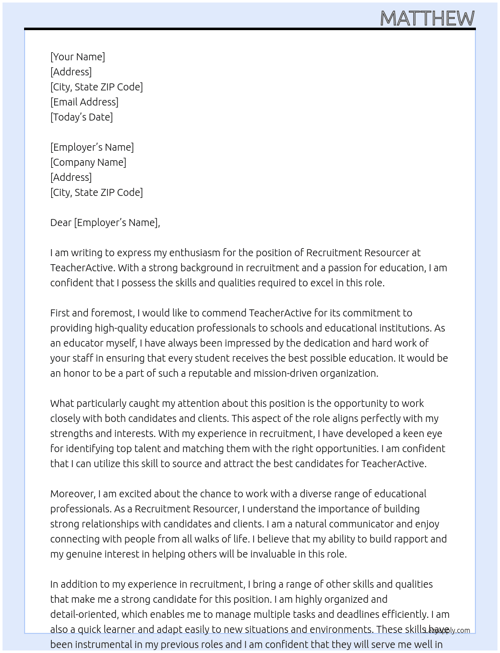 Recruitment resourcer At TeacherActive Cover Letter