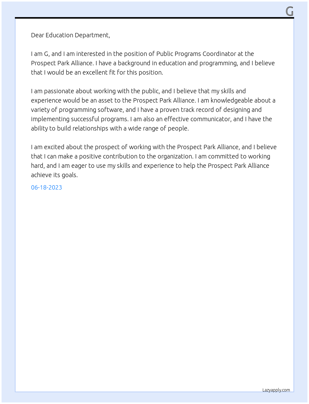 Public Programs Coordinator At Prospect Park Alliance Cover Letter