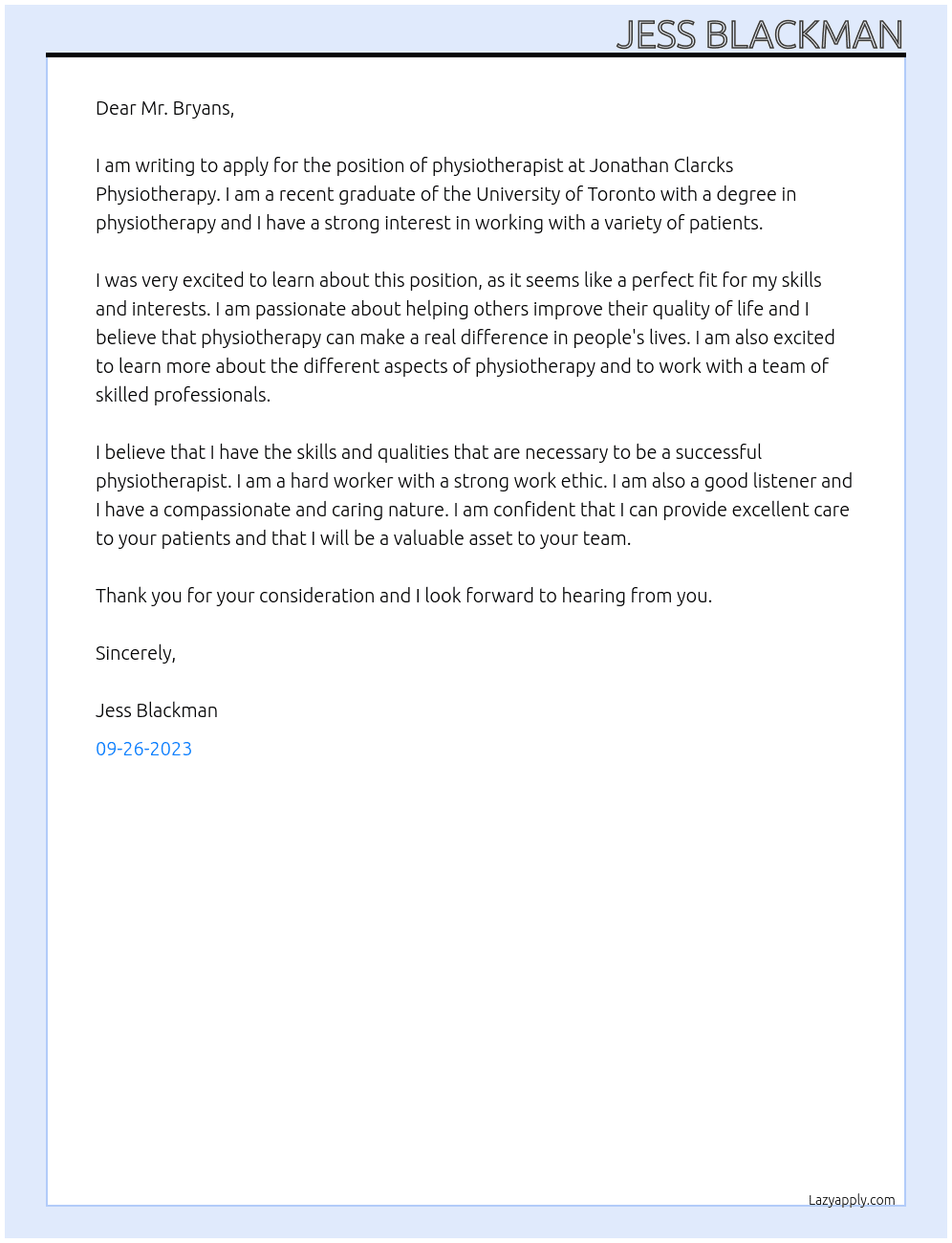 Physiotherapy  At Jonathan Clarcks Physiotherapy Cover Letter
