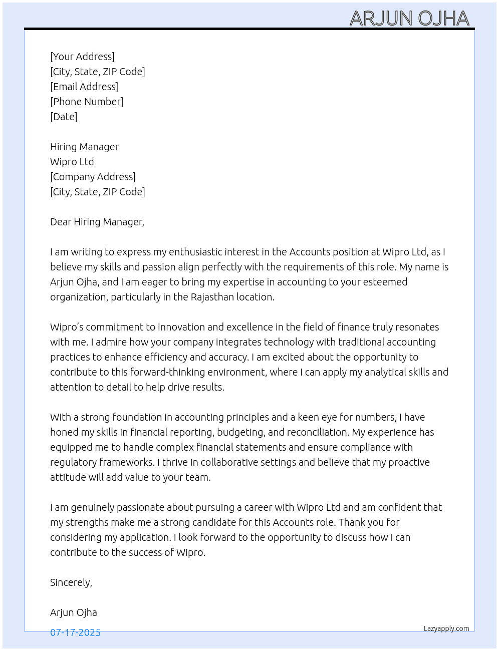 Accounts  At Wipro ltd Cover Letter