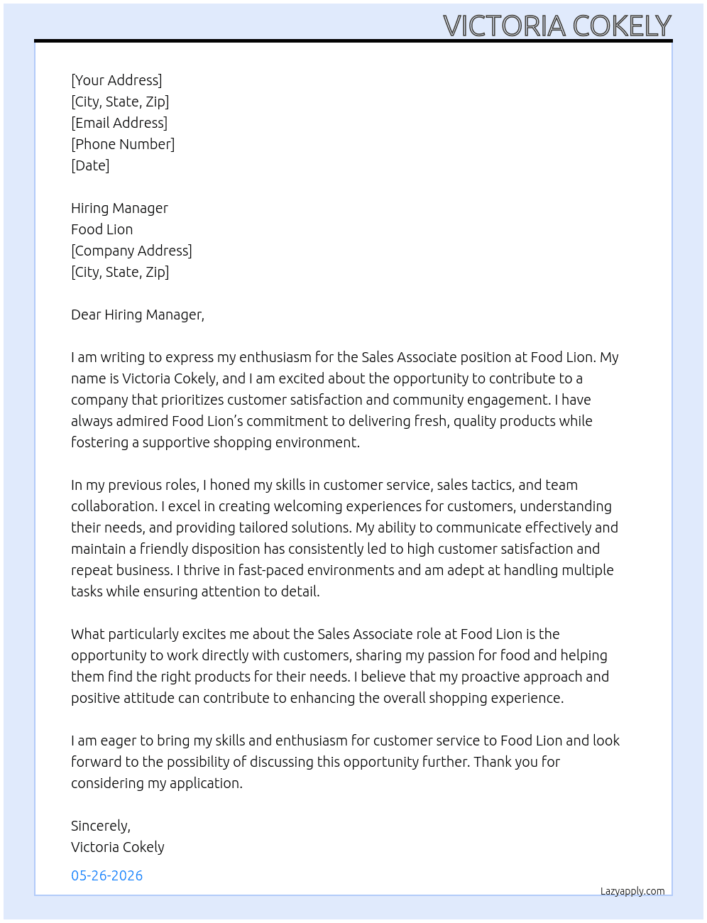 Sales Associate, At Food lion Cover Letter
