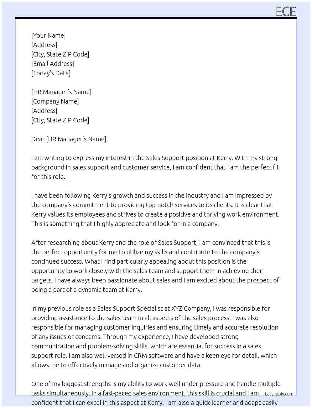 sales support At kerry Cover Letter
