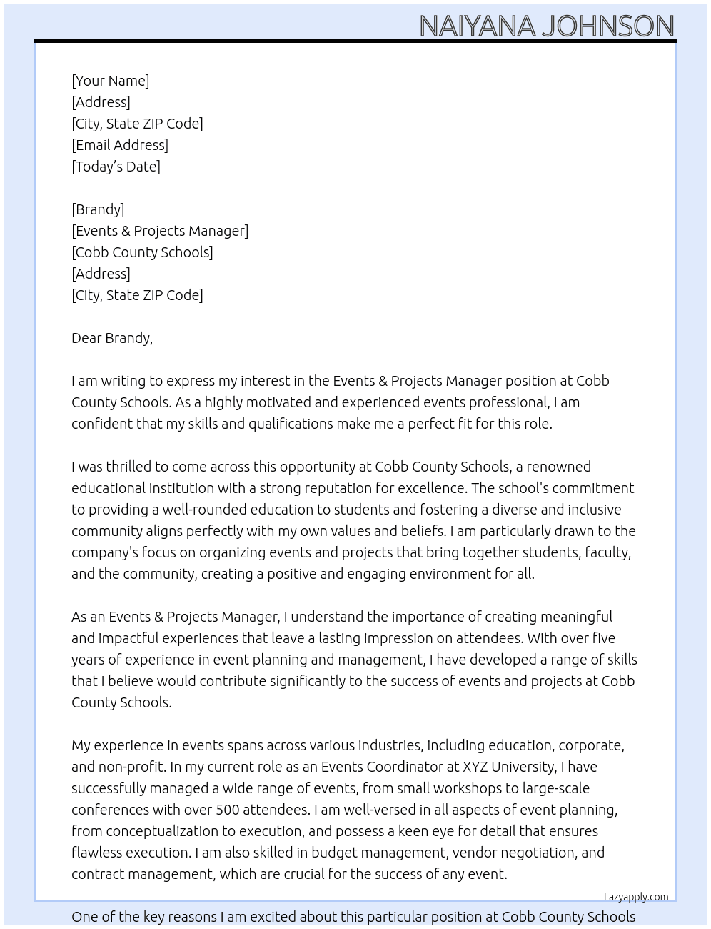 Events & Projects Manager At Cobb County Schools Cover Letter
