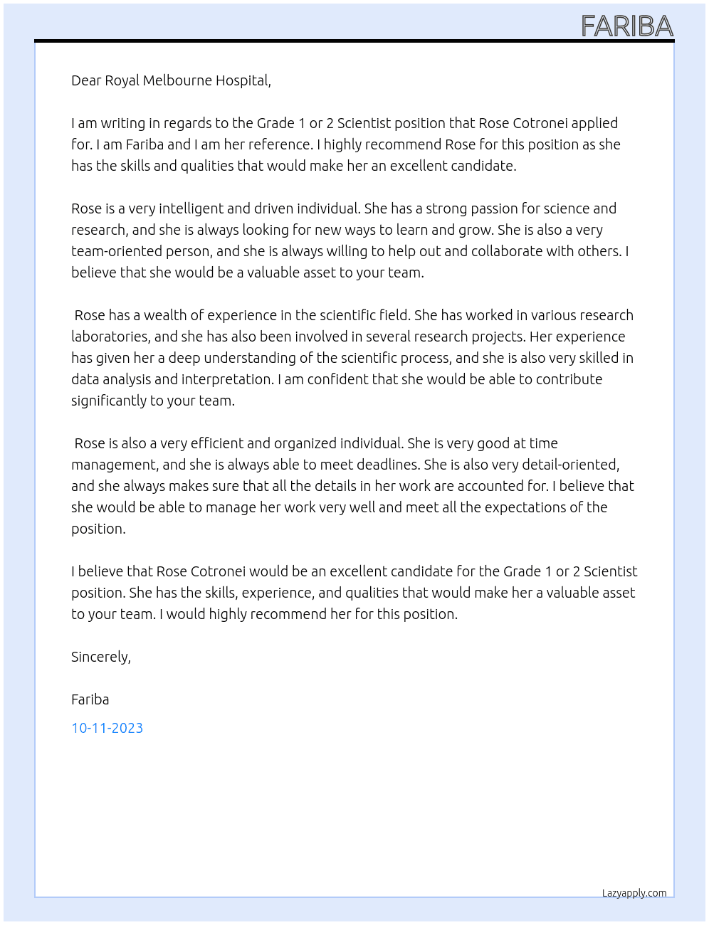 Grade 1 or 2 Scientist At Royal melbourne hospital Cover Letter