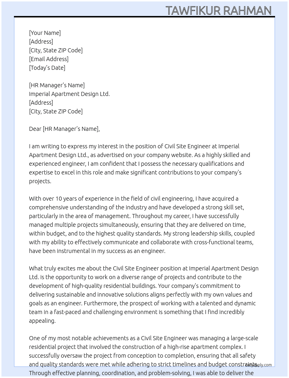 Civil Site Engineer At Imperial Apartment Design Ltd. Cover Letter