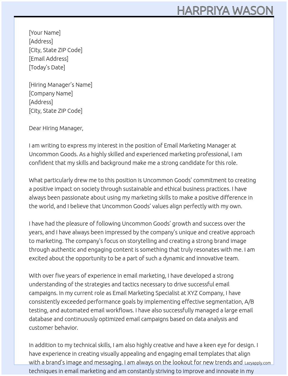 Email Marketing Manager At Uncommon Goods Cover Letter