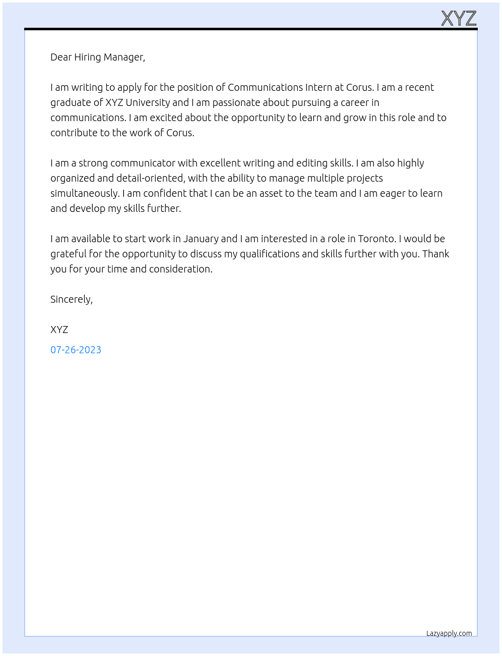Communicaton Intern At Corus Cover Letter