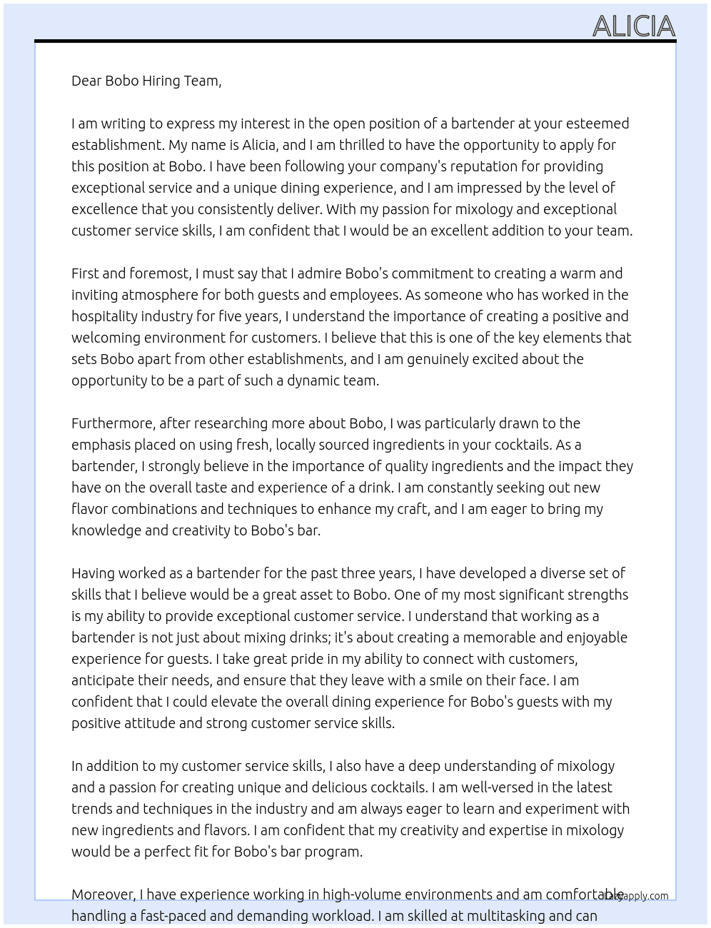 bartender At bobo Cover Letter