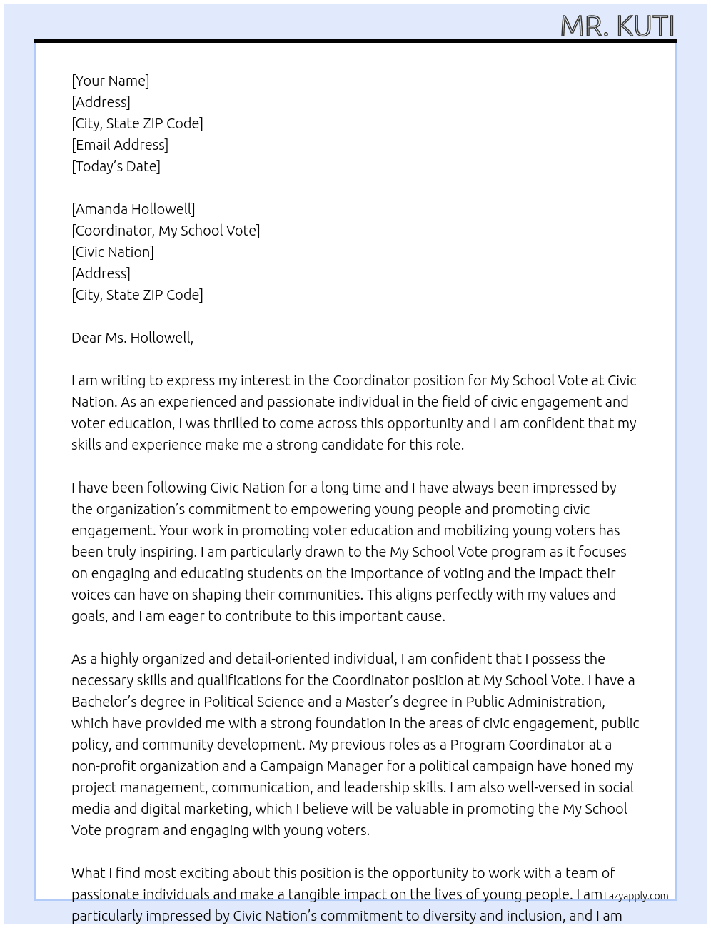 Coordinator, My School Vote At Civic Nation Cover Letter