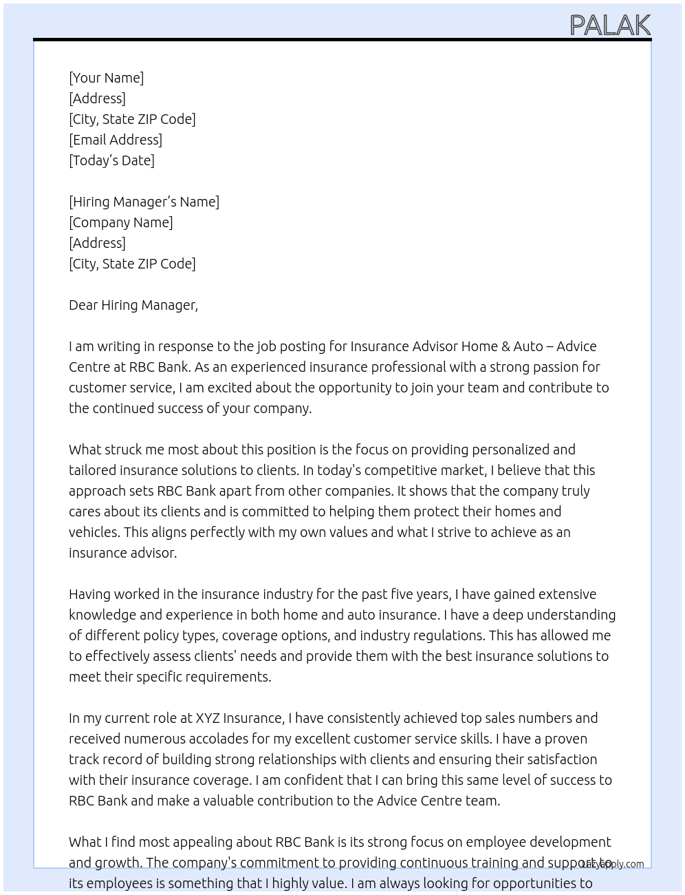 Insurance Advisor Home &Auto - Advice Centre At RBC Bank Cover Letter
