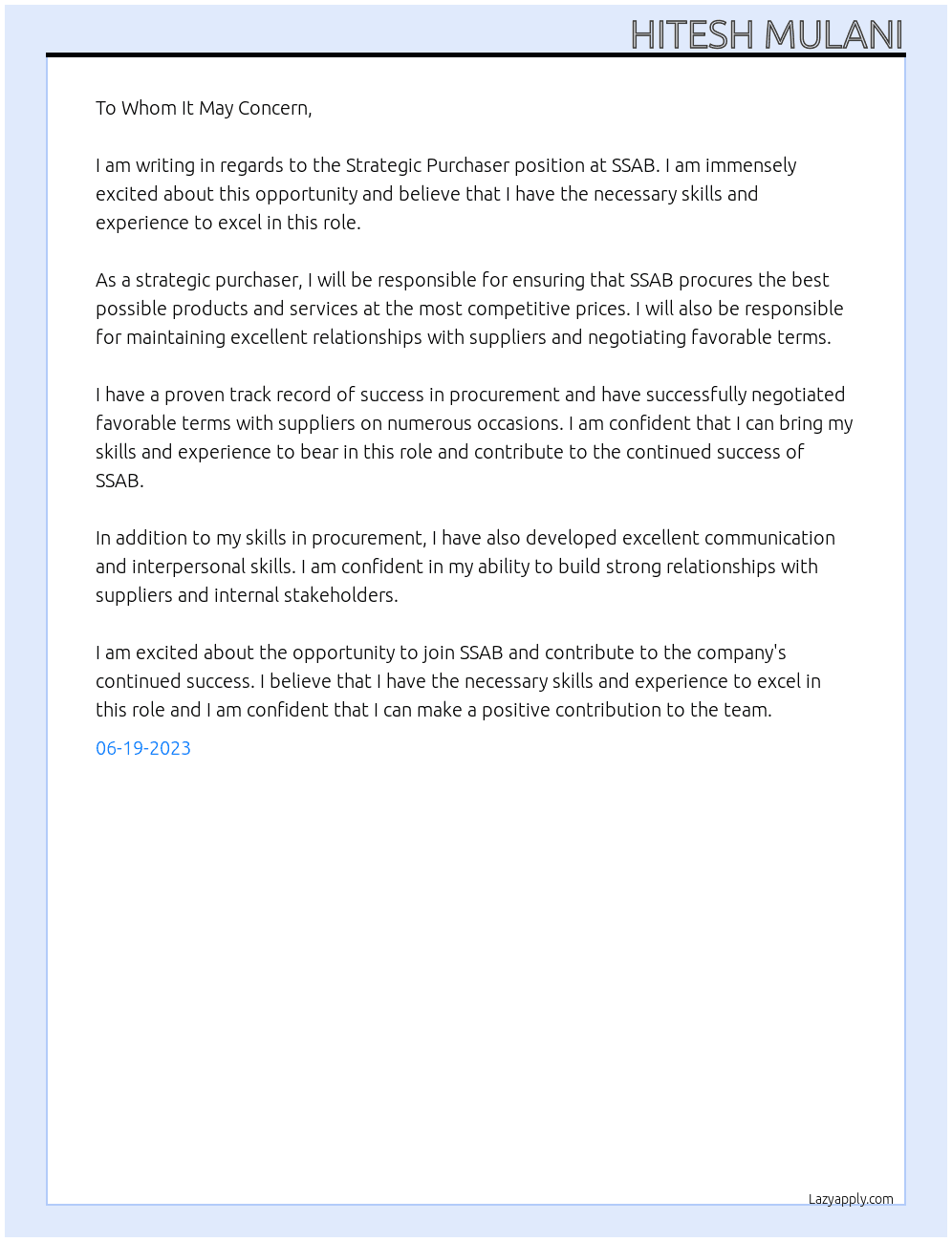 Strategic Purchaser  At SSAB Cover Letter