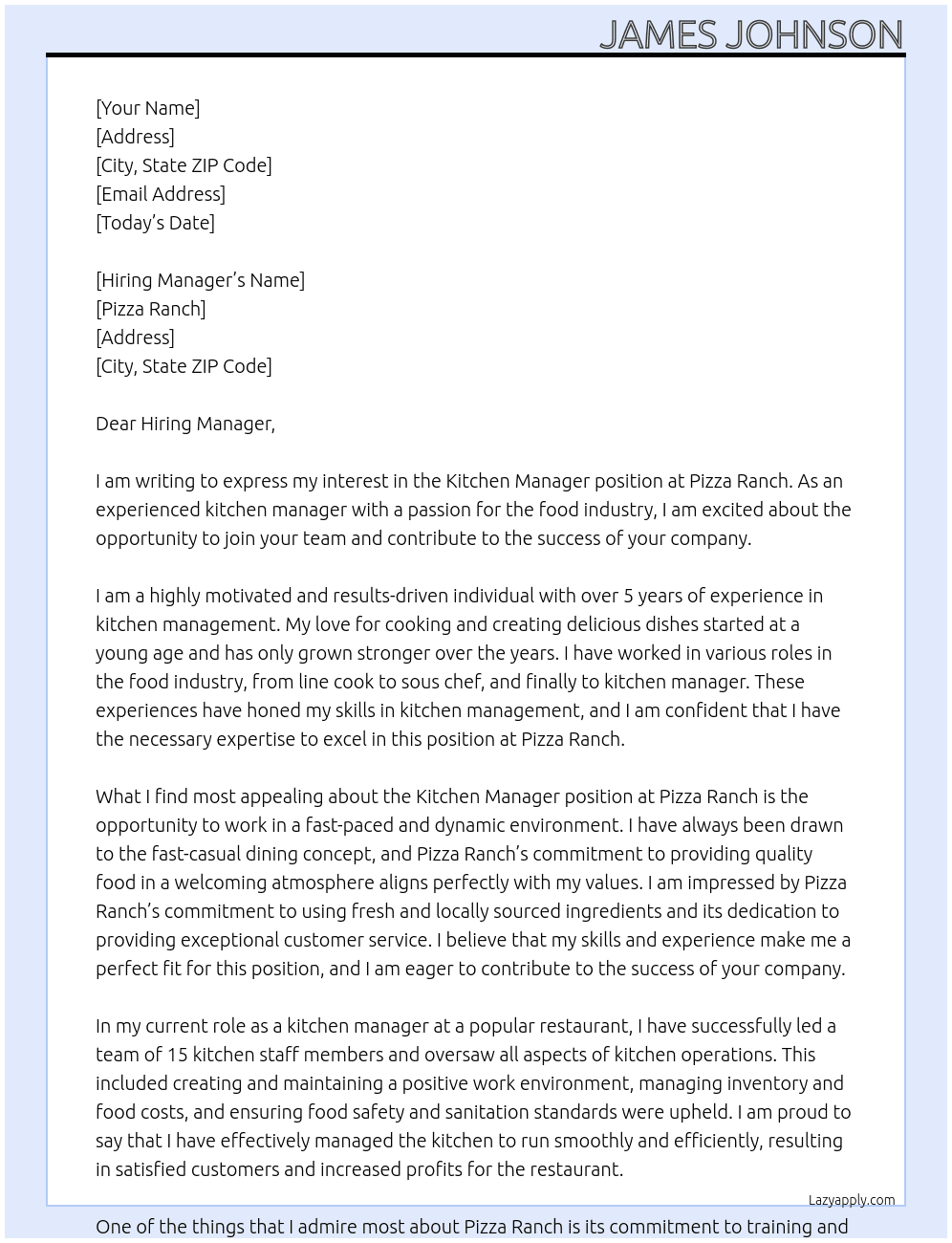 Kitchen manager At Pizza ranch Cover Letter