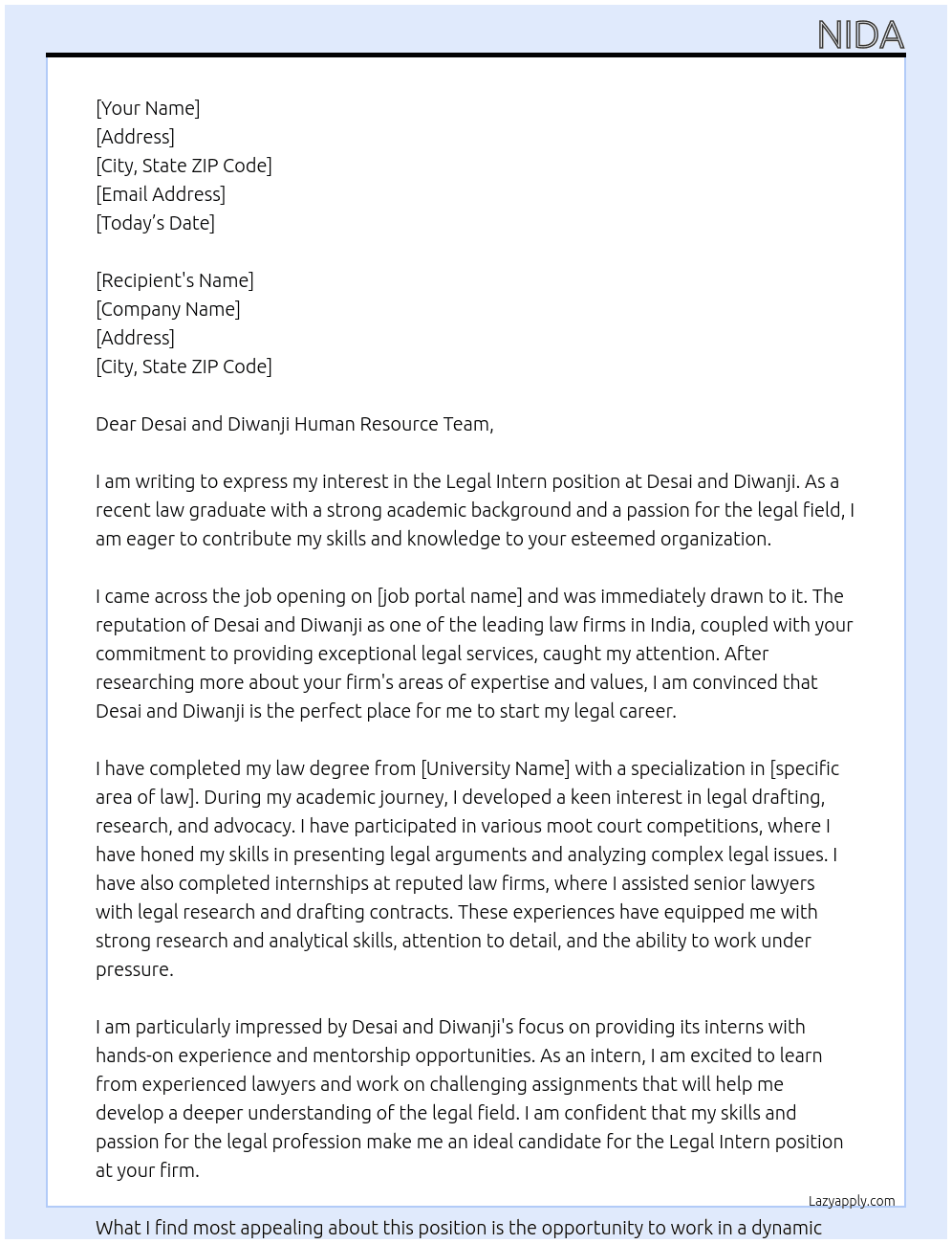LEGAL INTERN At DESAI AND DIWANJI  Cover Letter