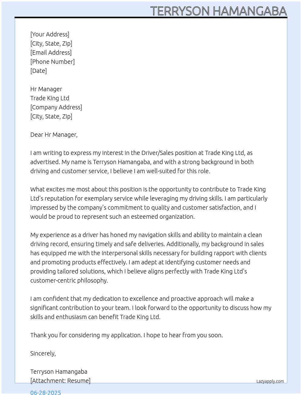 Driver/sales  At Trade King ltd Cover Letter
