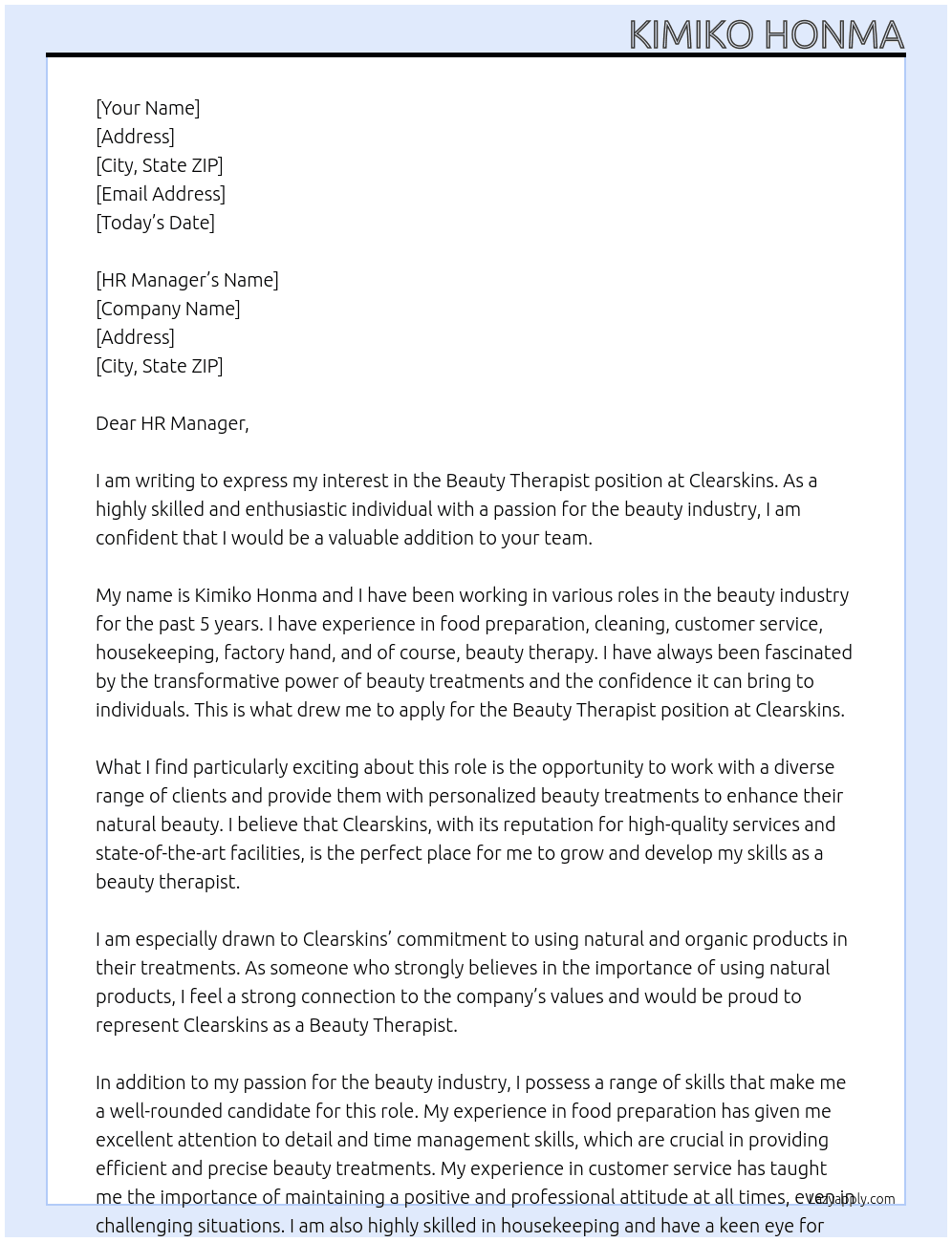 beauty thearapist At Clearskins Cover Letter