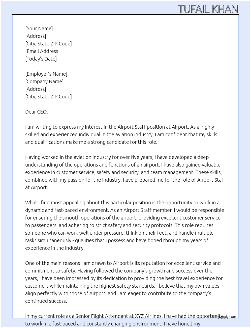 Airport staff  At Airport  Cover Letter