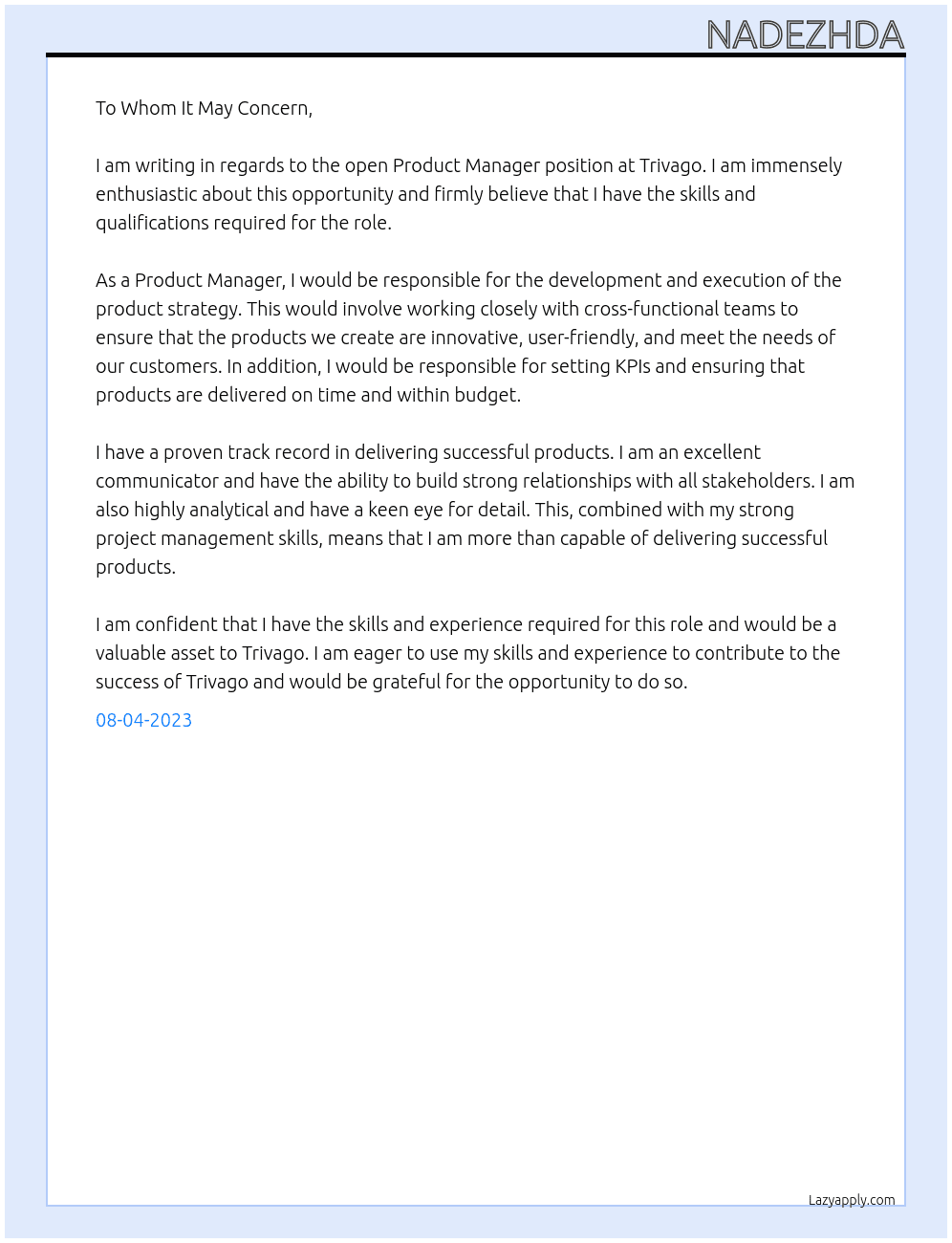 Product manager  At Trivago Cover Letter